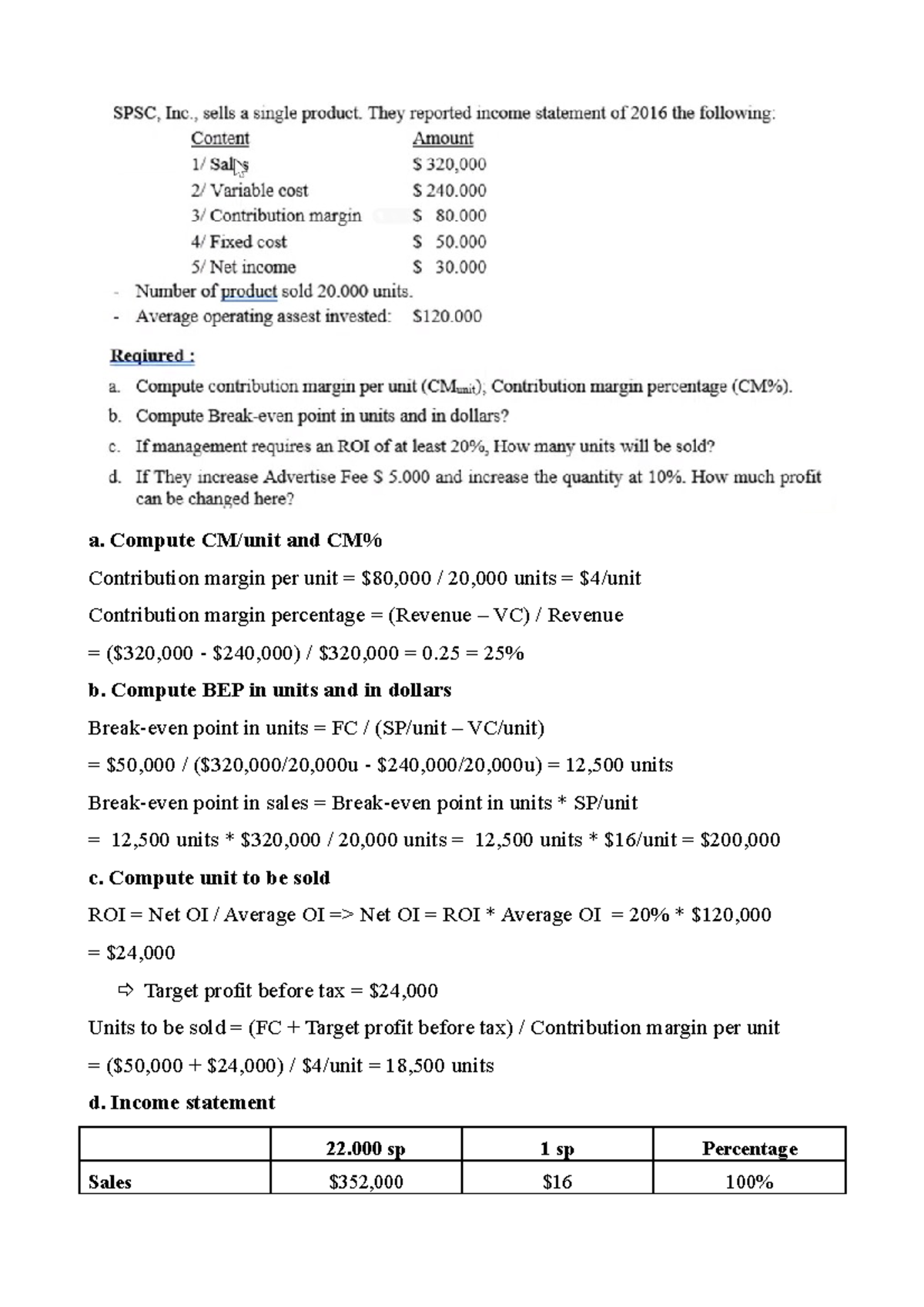 ÔN TẬP CÔ TÚ ANH - Có bài tập và ví dụ - a. Compute CM/unit and CM ...