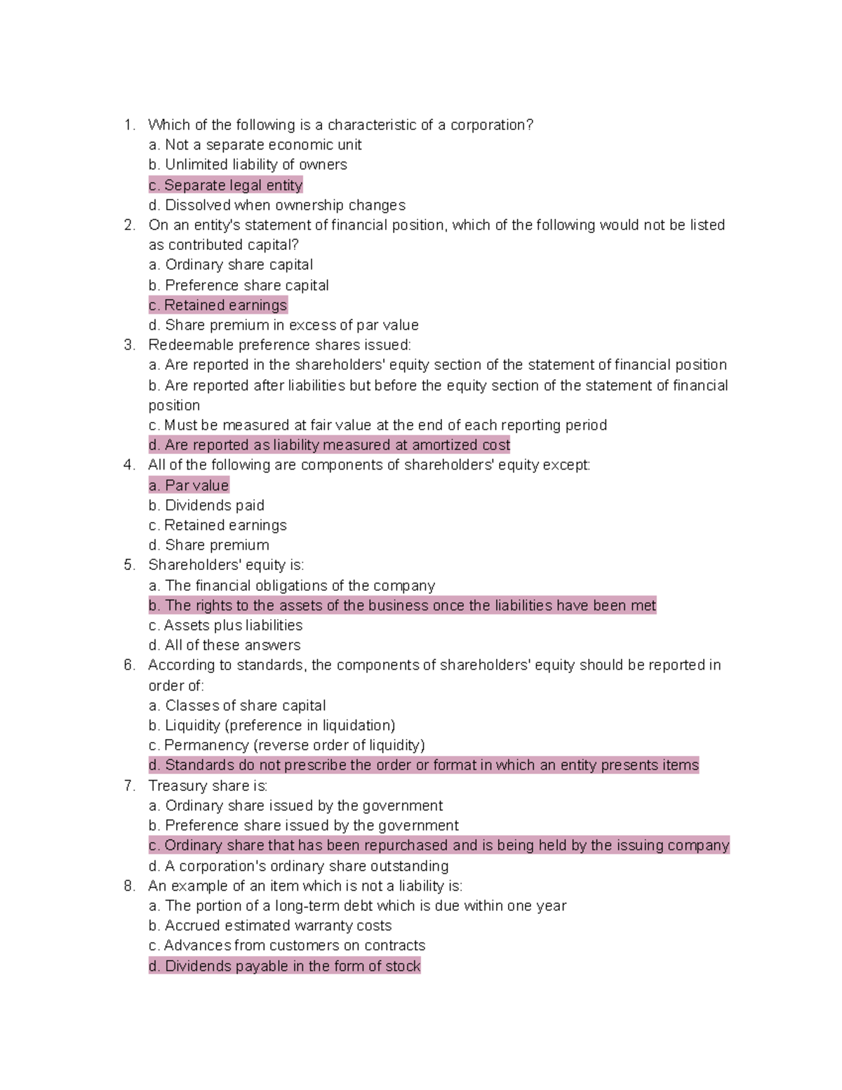 SHE - Shareholders Equity Review Notes - Studocu