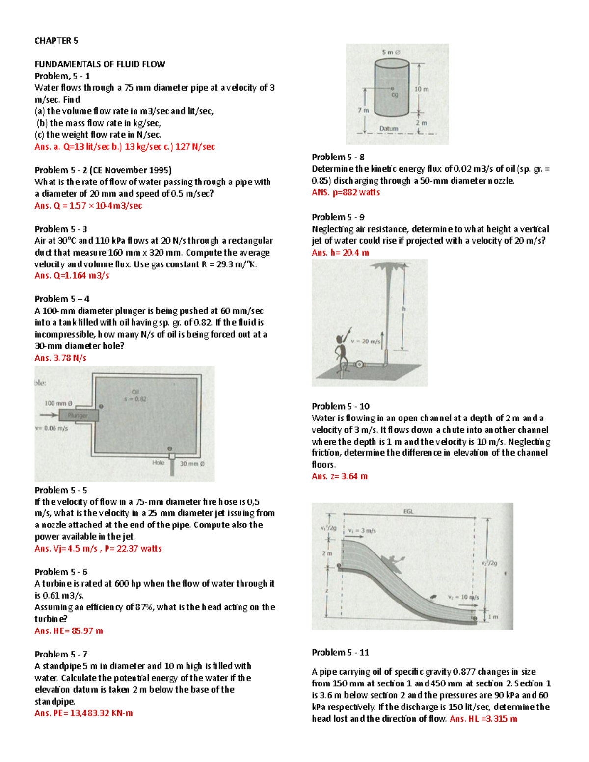 CHAPTER 5 PROBLEMS IN FUNDAMENTALS OF FLUID FLOW - Studocu