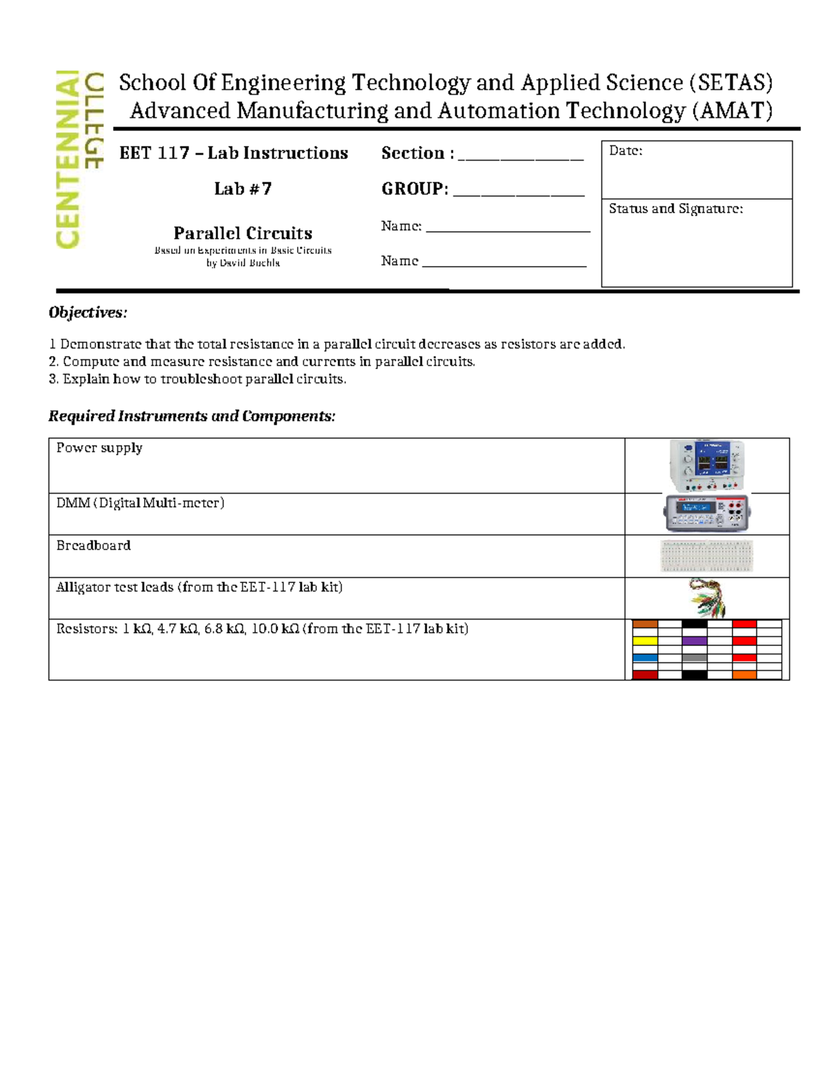 EET 117 Lab 7: Parallel Circuits Instructions and Objectives - Studocu
