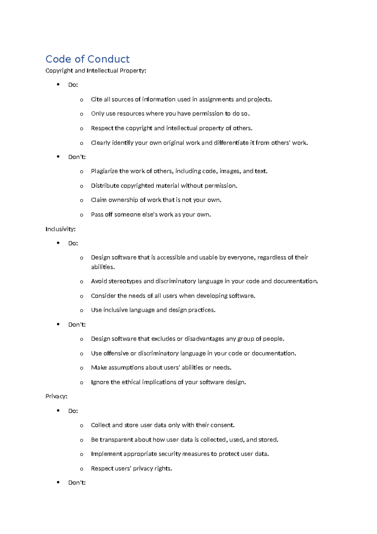Code of Conduct for Software Development: Ethics, Privacy, and ...