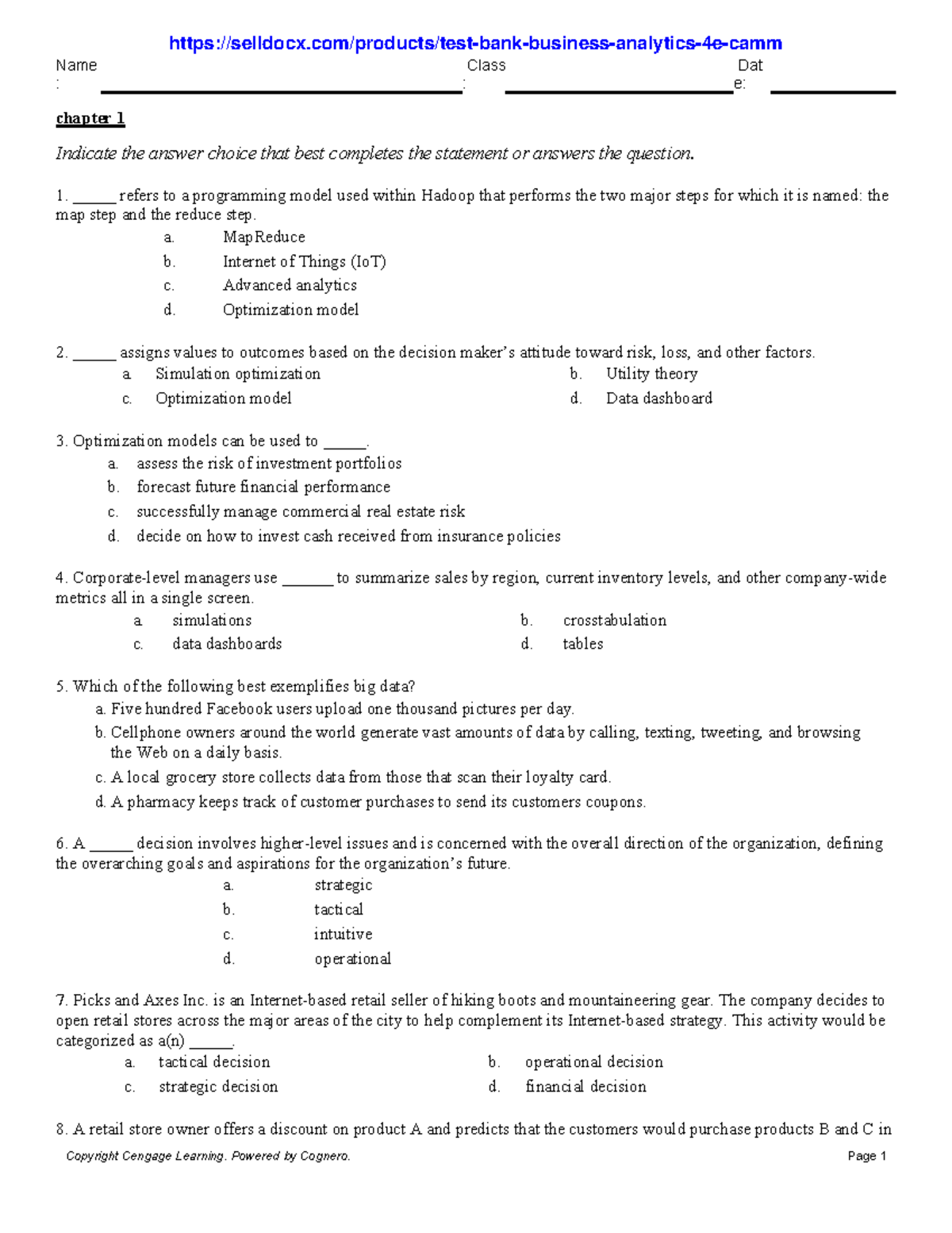 Test Bank: Business Analytics 4E (Camm) - Chapter 1 Answers - Studocu