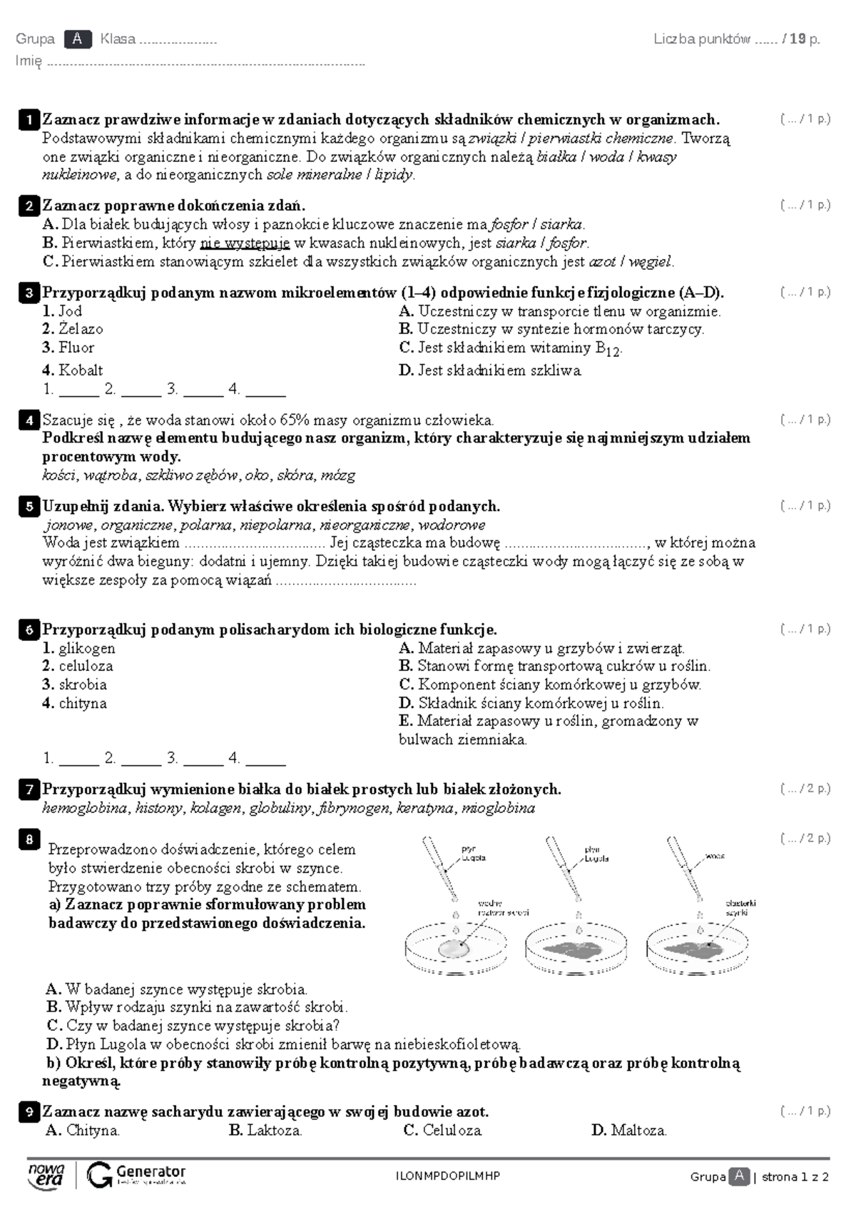 Sprawdzian Biologia Chemiczne Podstawy życia Nowa Era Odpowiedzi