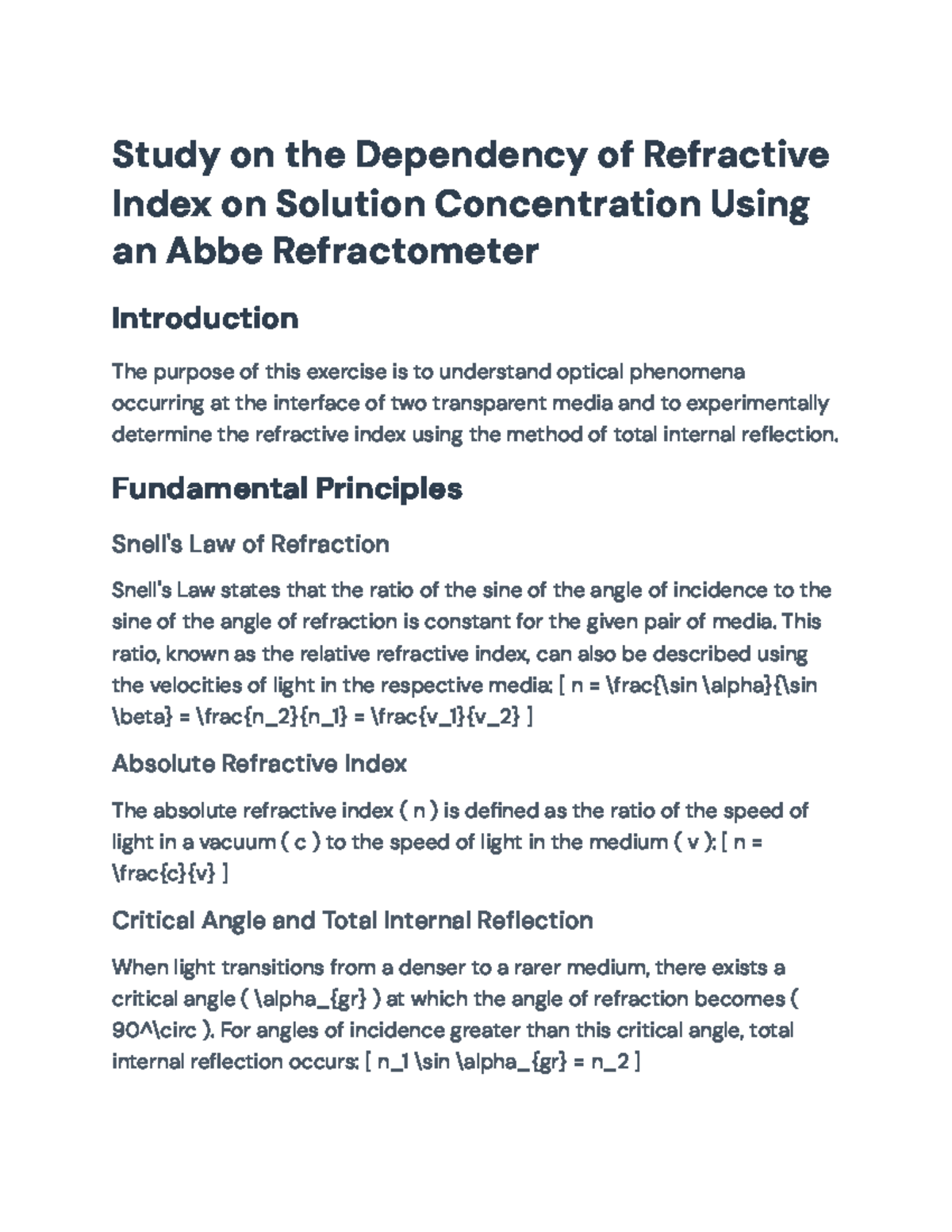 Study on Refractive Index Dependency on Solution Concentration (Exp ...