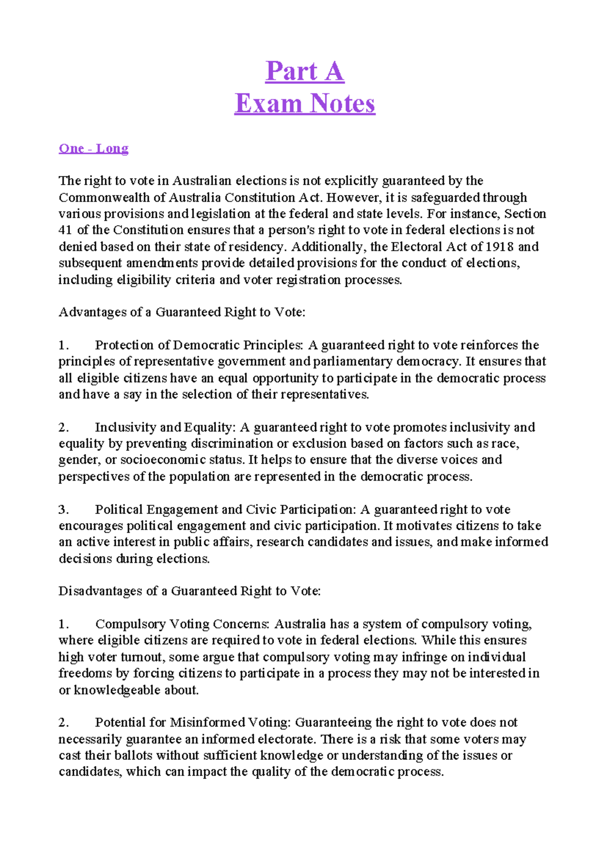 LA1101 - Comprehensive Exam Notes on Voting Rights and Governance ...