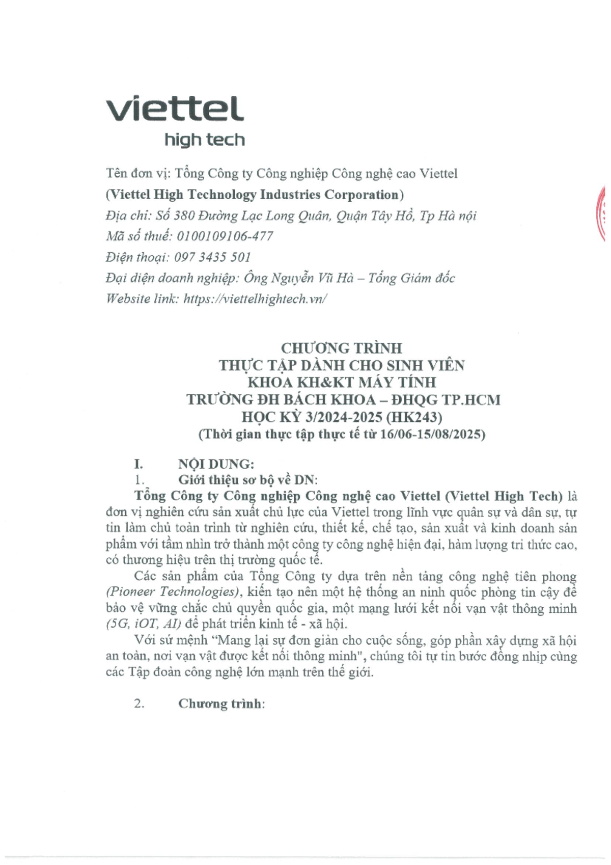 Viettel VHT Internship Program Overview for CS Students HK243 - Studocu