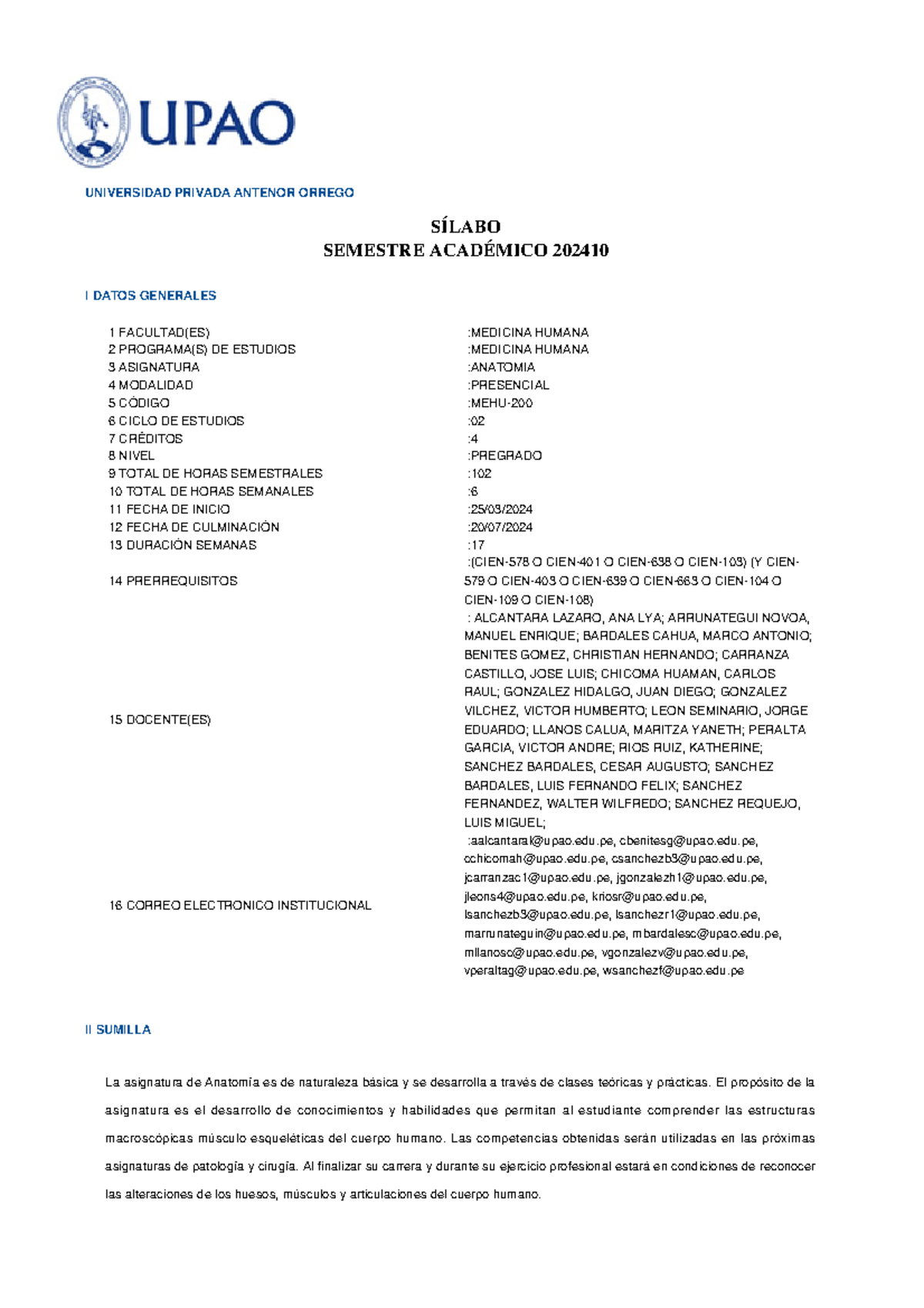 202410 MEHU 200 Anatomía: Silabo y Contenidos de la Asignatura - Document Preview