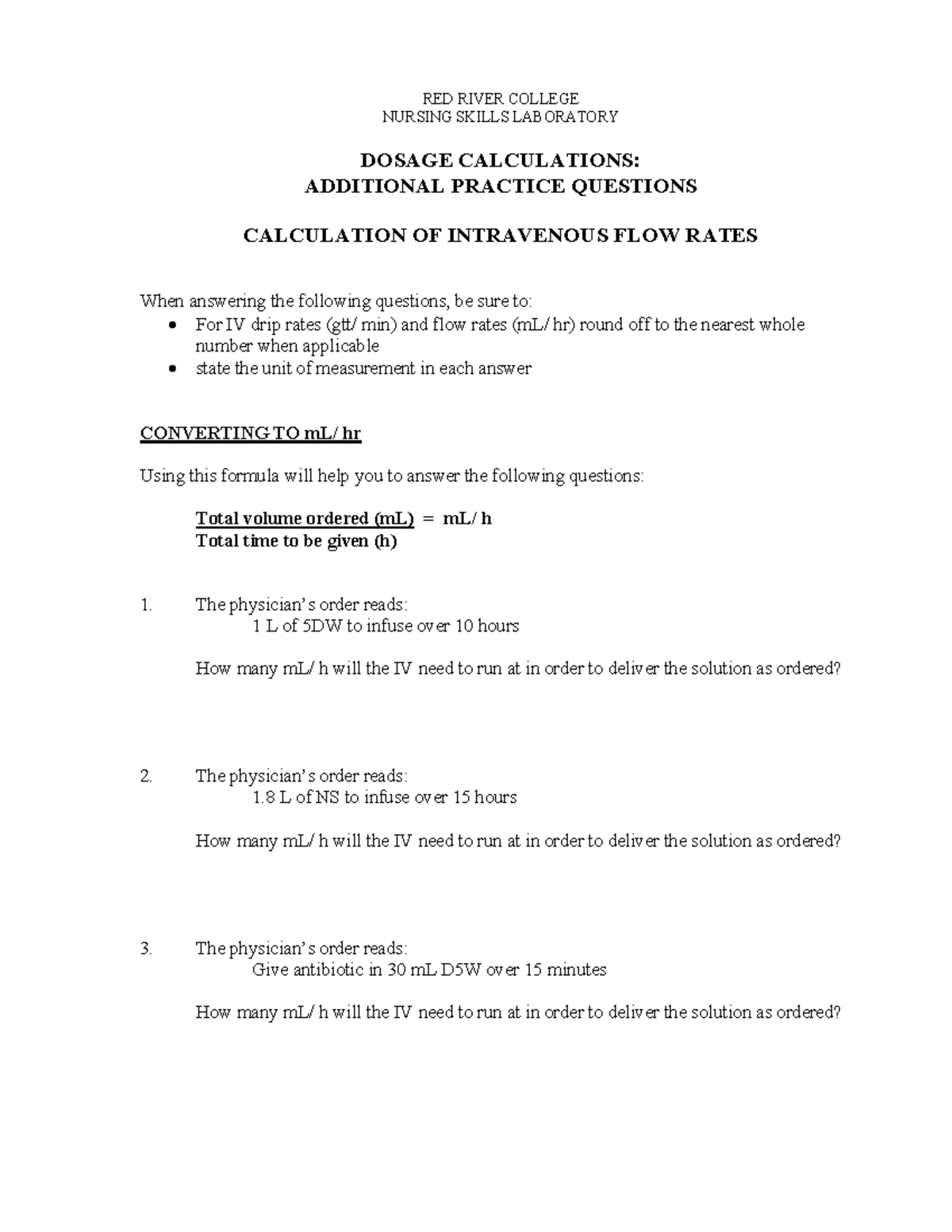 Calculation of IV Flow Rates: Practice Exercises for Nursing Skills Lab ...