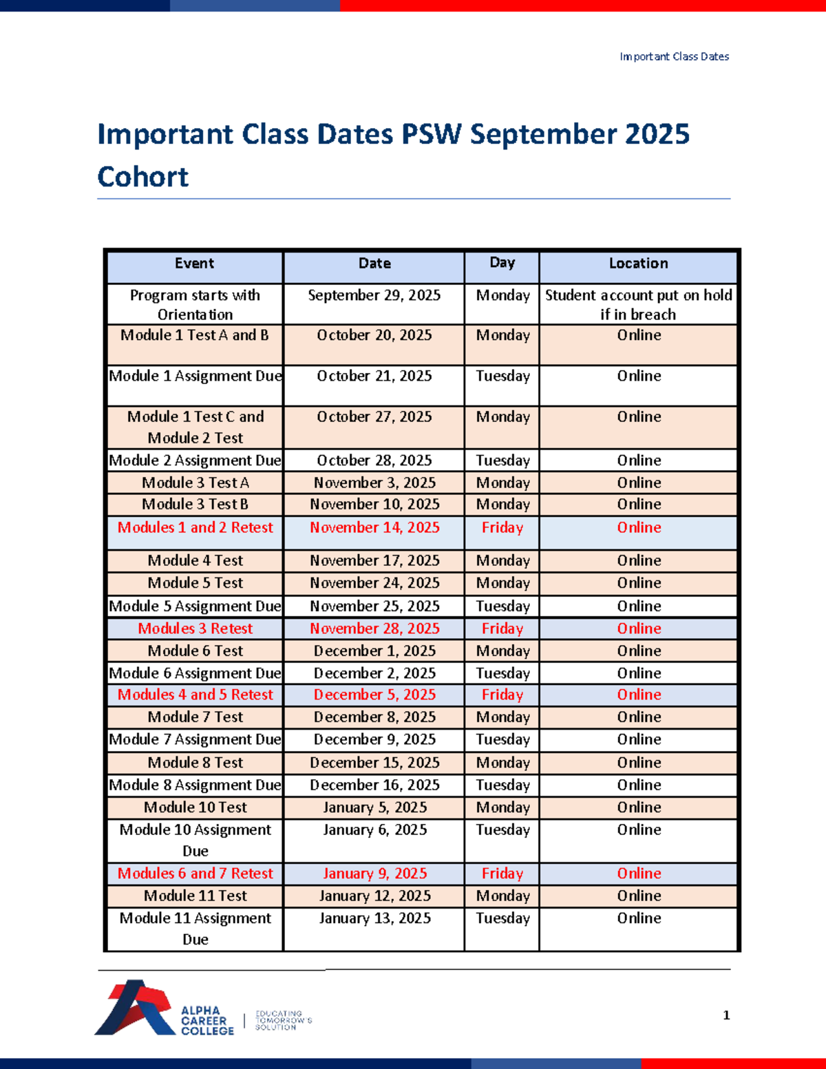 PSW September 2025 Cohort Important Class Dates and Events - Studocu