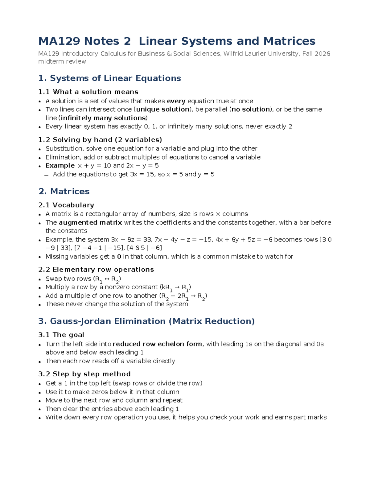 MA129 Midterm Review: Linear Systems & Matrices Notes - Studocu