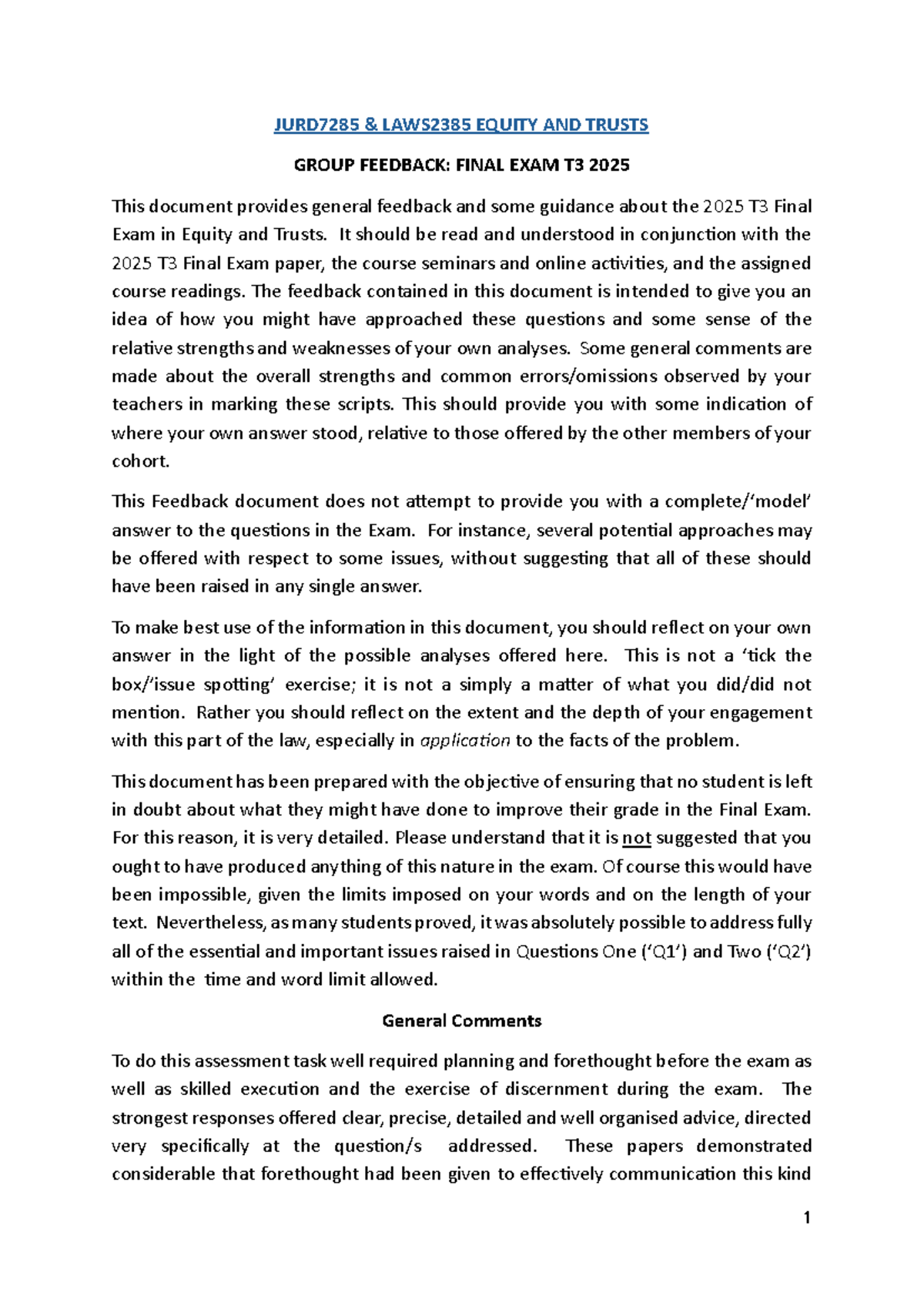 JURD7285 LAWS2385 EQUITY AND TRUSTS FINAL EXAM T3 2025 GROUP FEEDBACK ...