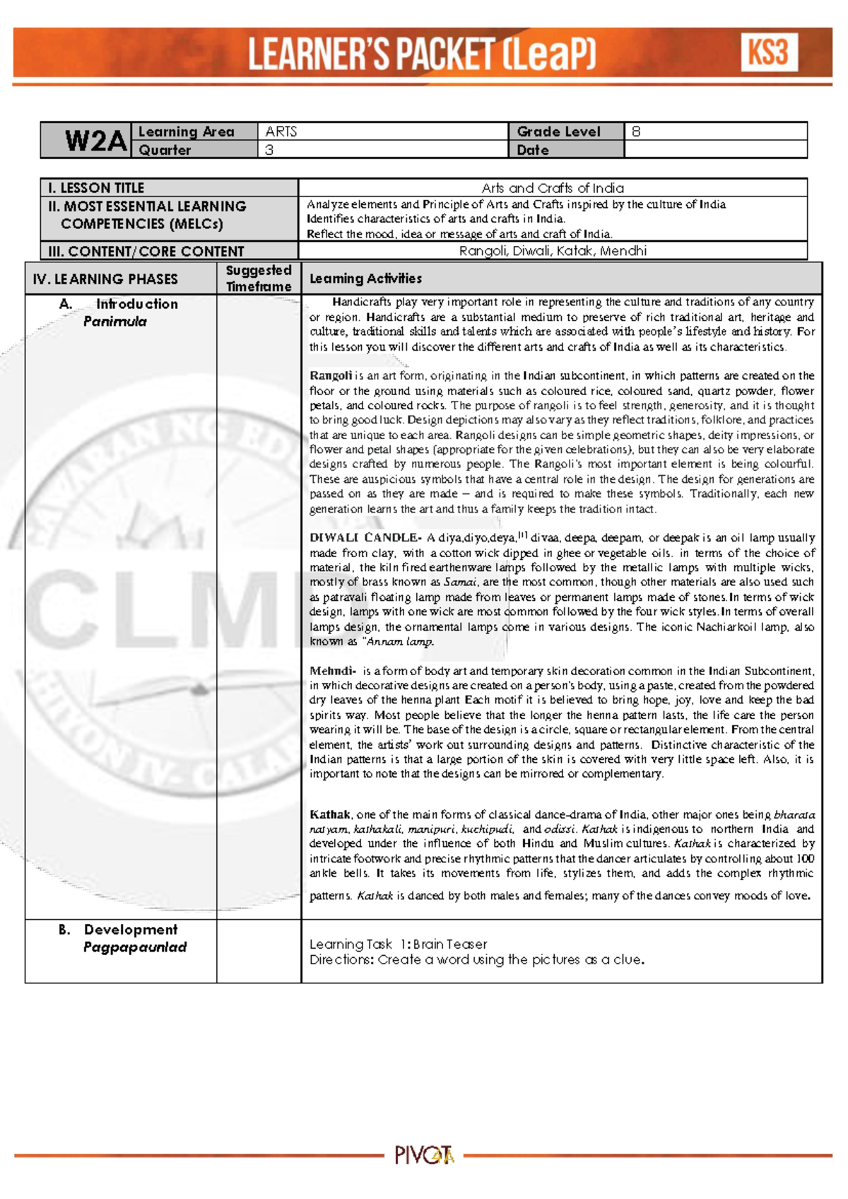 Lea P Arts G8 Q3 Week 2A - Learning Area ARTS Grade Level 8 Quarter 3 ...