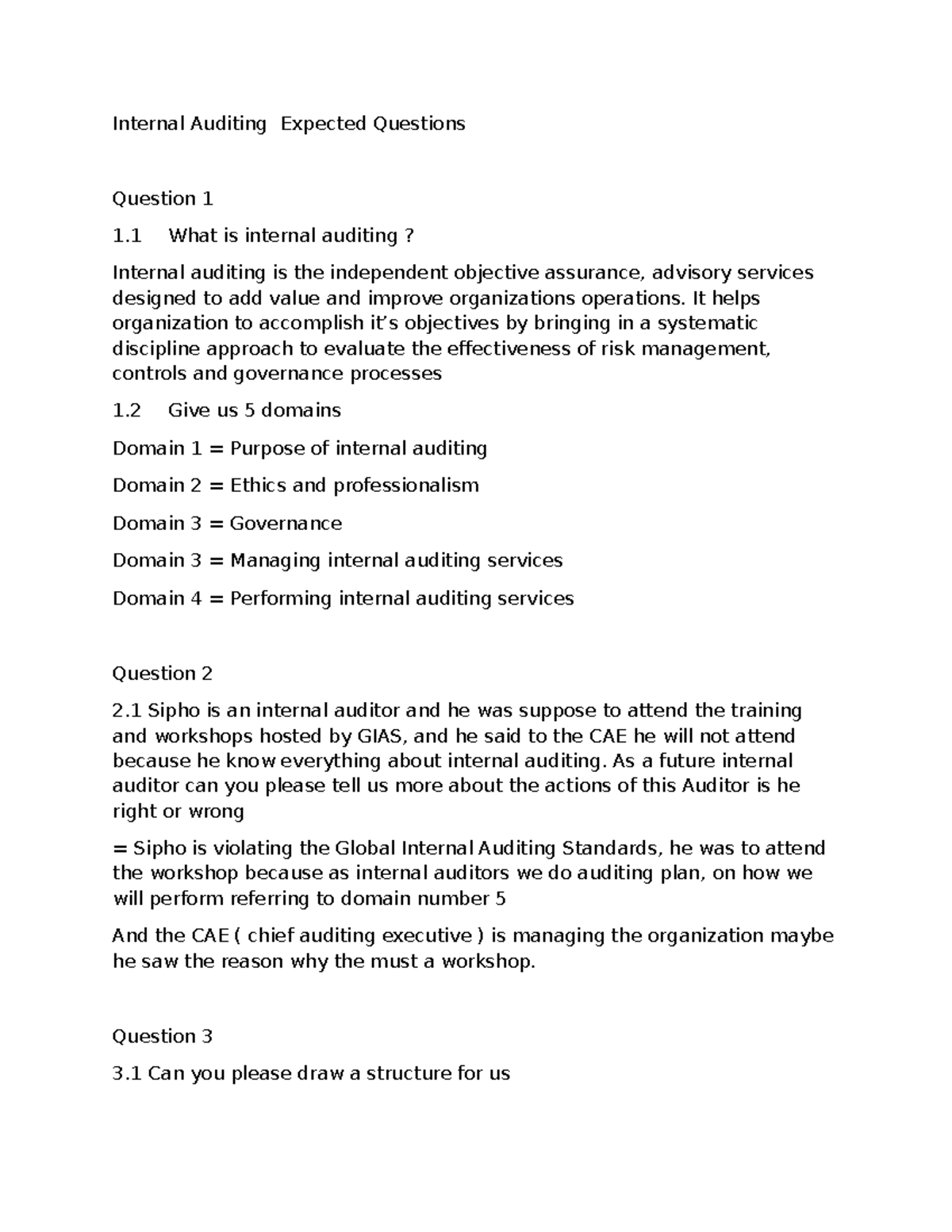Internal Auditing - Key Concepts & Expected Questions - Studocu