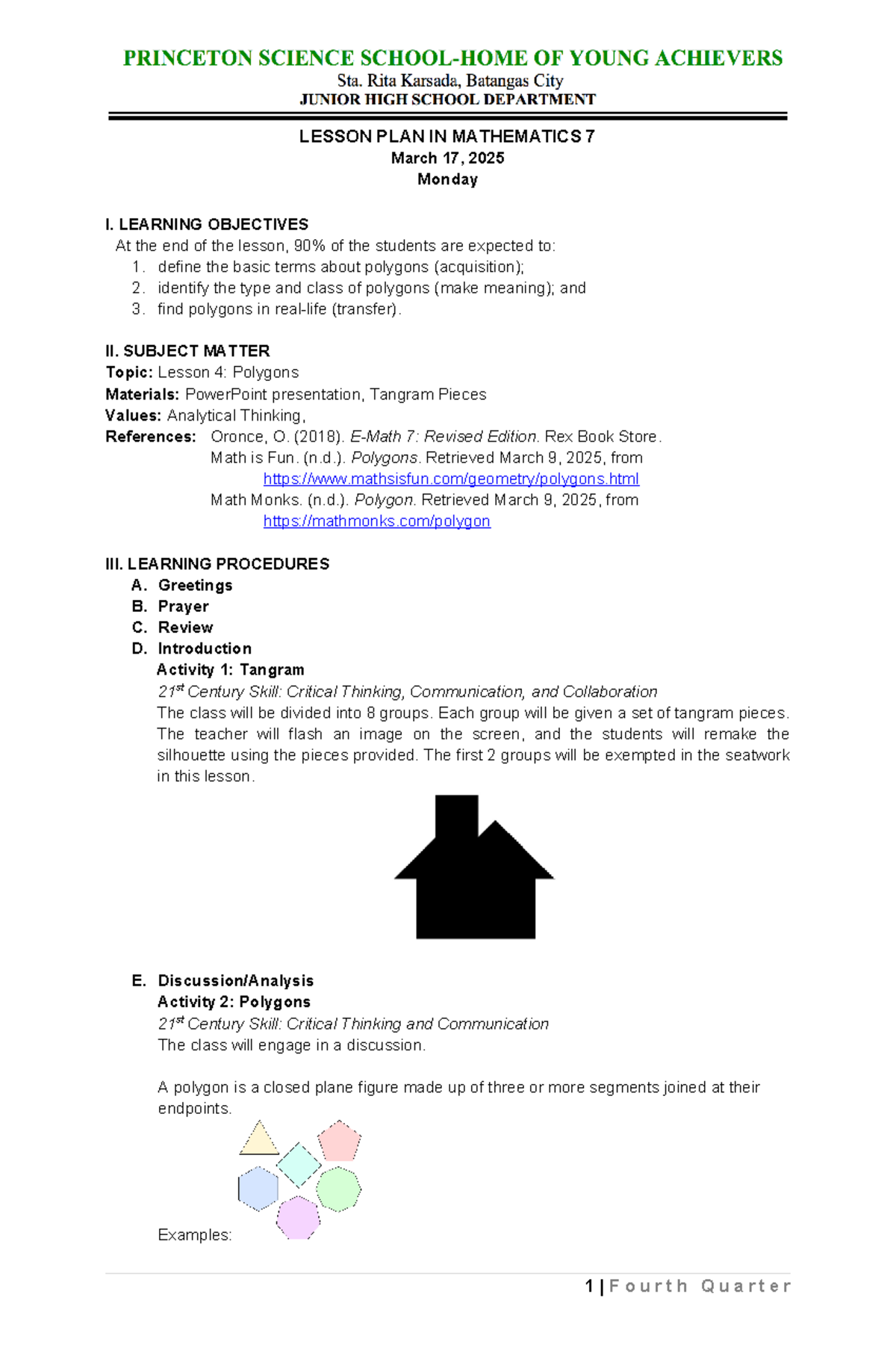 Math 7404 - Lesson Plan: Understanding Polygons in Mathematics 7 - Studocu