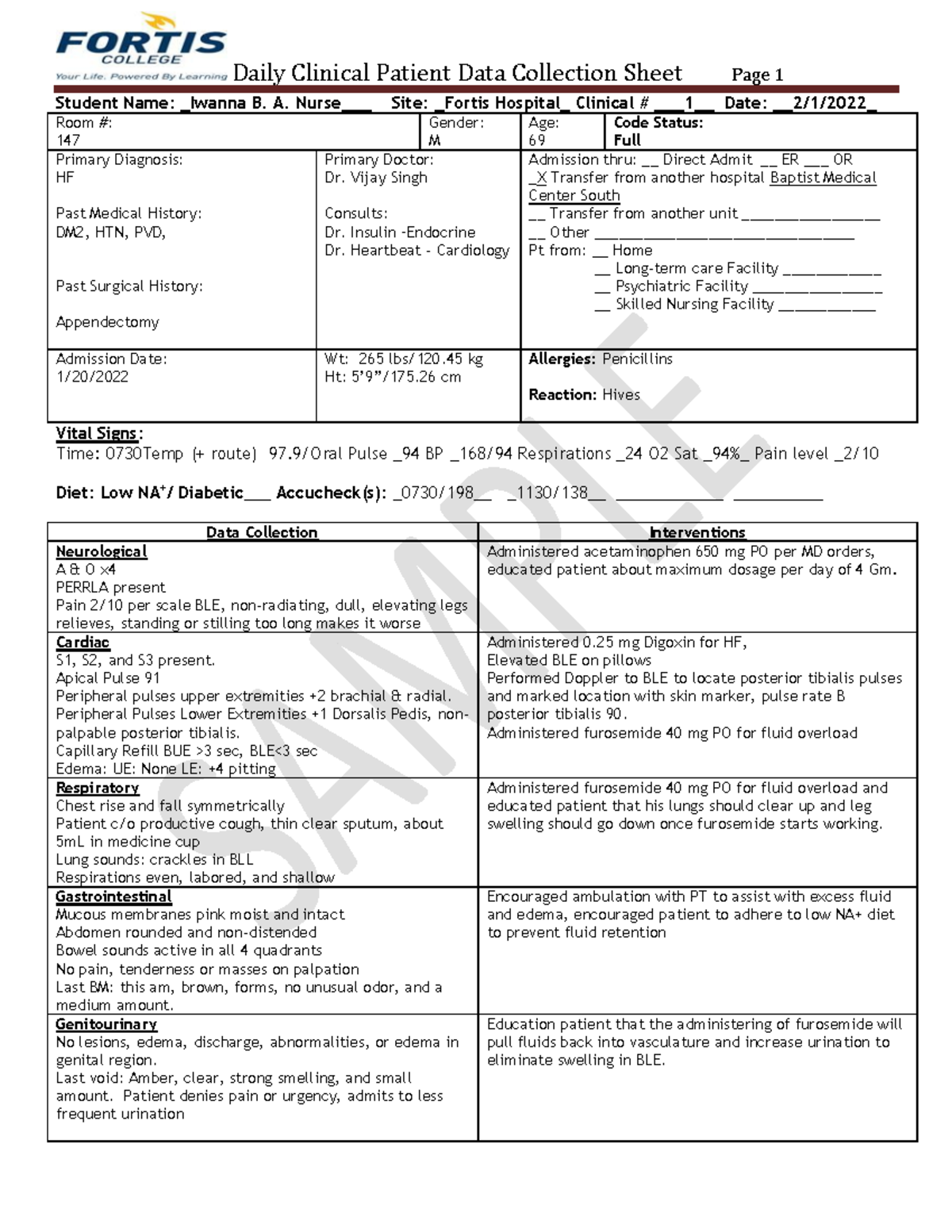 Patient Data Sheet: Clinical Charting Example (002) - Case Study - Document Preview