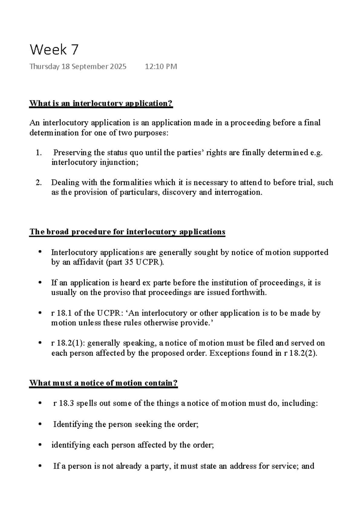 Week 7 - Interlocutory Applications and Injunctions Overview - Studocu