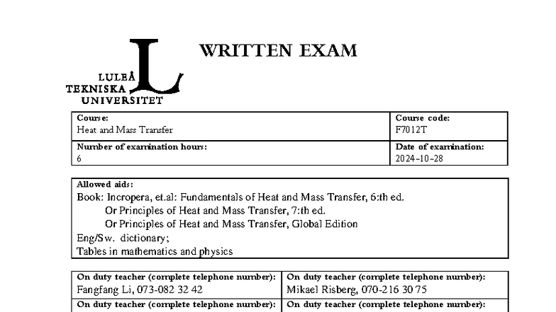 F7012T Final Exam: Heat and Mass Transfer 2024 Overview - Studocu