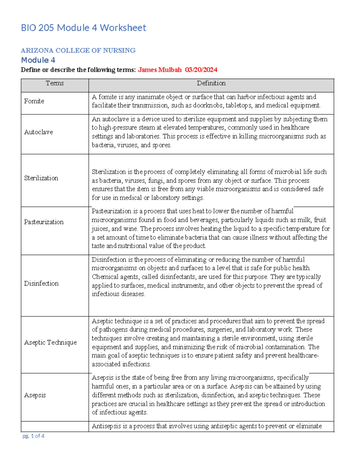 BIO 205 Module 1 Microbiology Concepts and Definitions Worksheet - Studocu