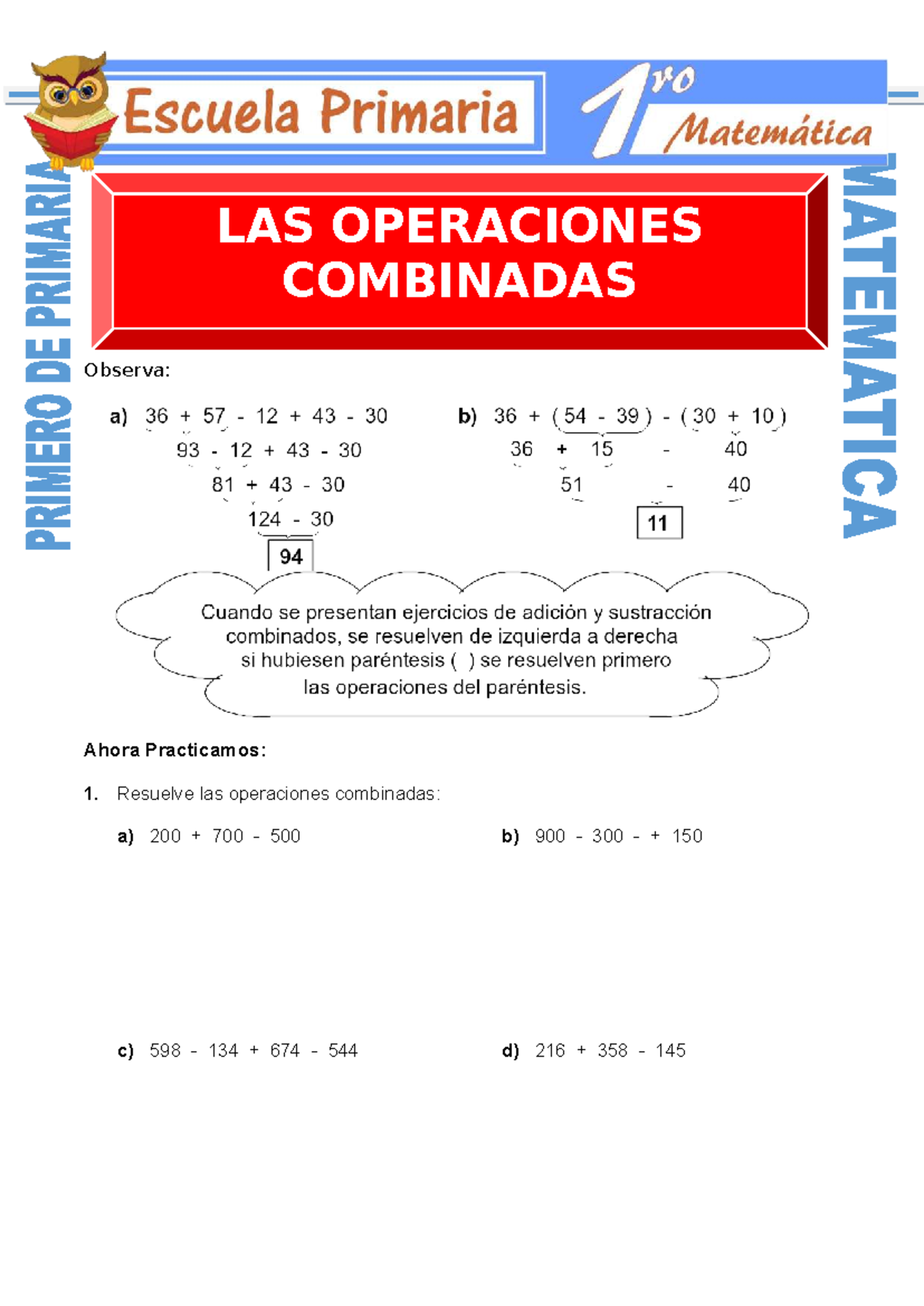 Operaciones Combinadas para Primero de Primaria: Ejercicios y Tareas ...