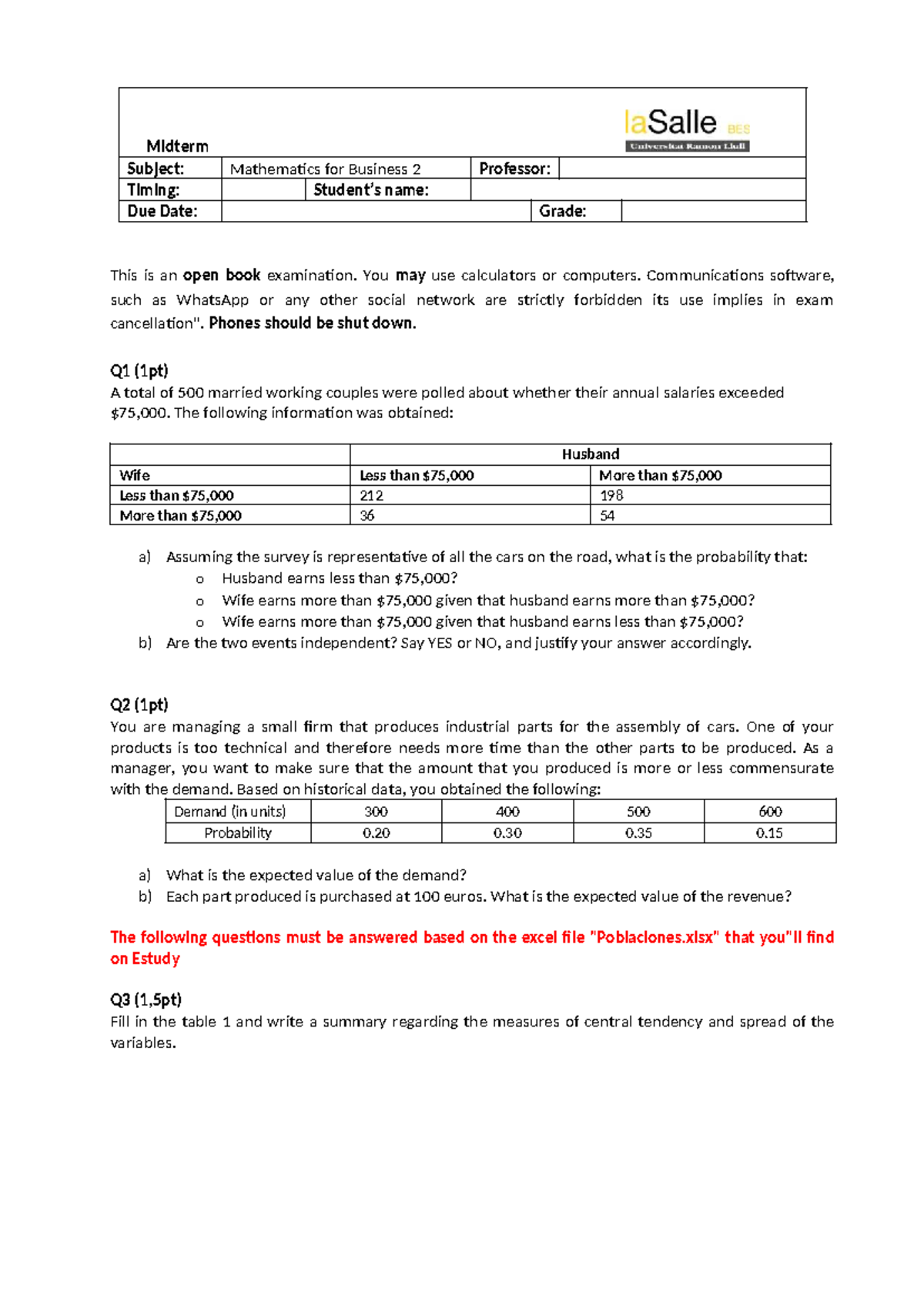 Midterm Exam - Mathematics for Business 2: Data Analysis & Probability ...