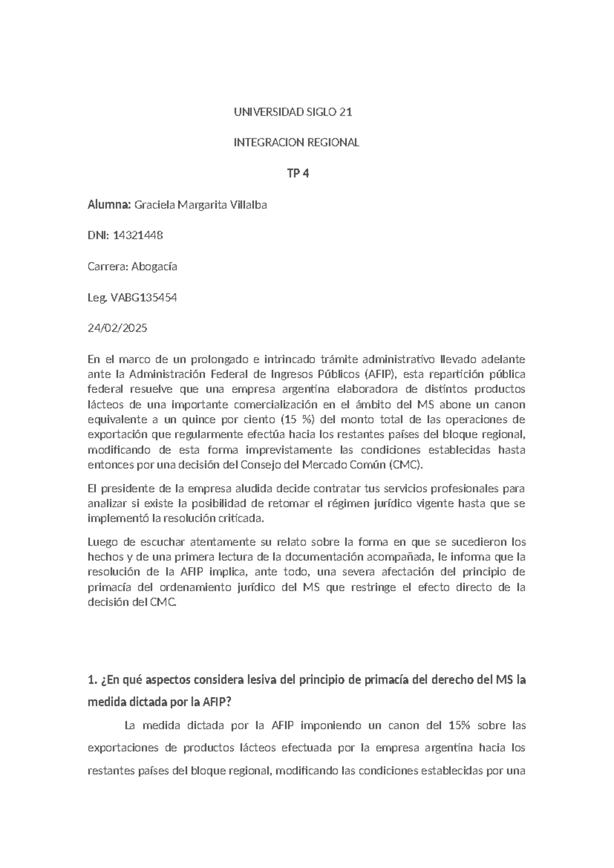 TP 4: Análisis del Principio de Primacía en el Derecho del MERCOSUR ...