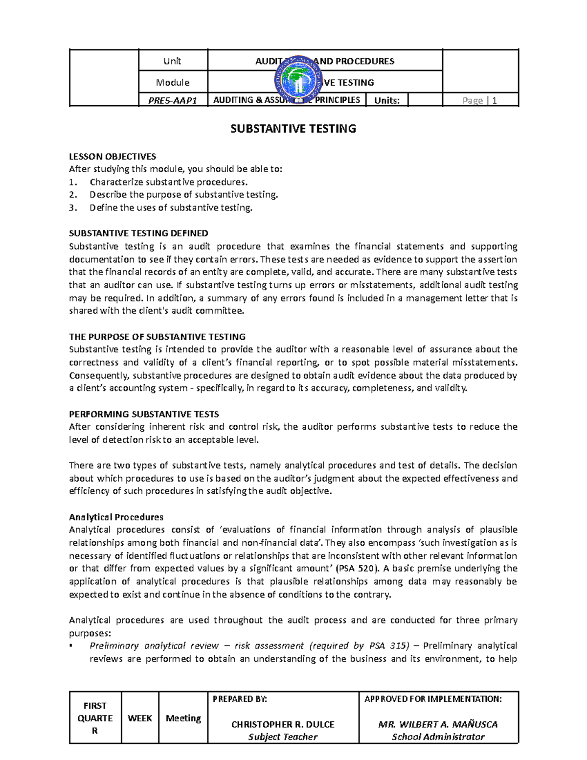 CRD- Module 7-PRE5-AAP1 Substantive Testing Overview and Procedures ...