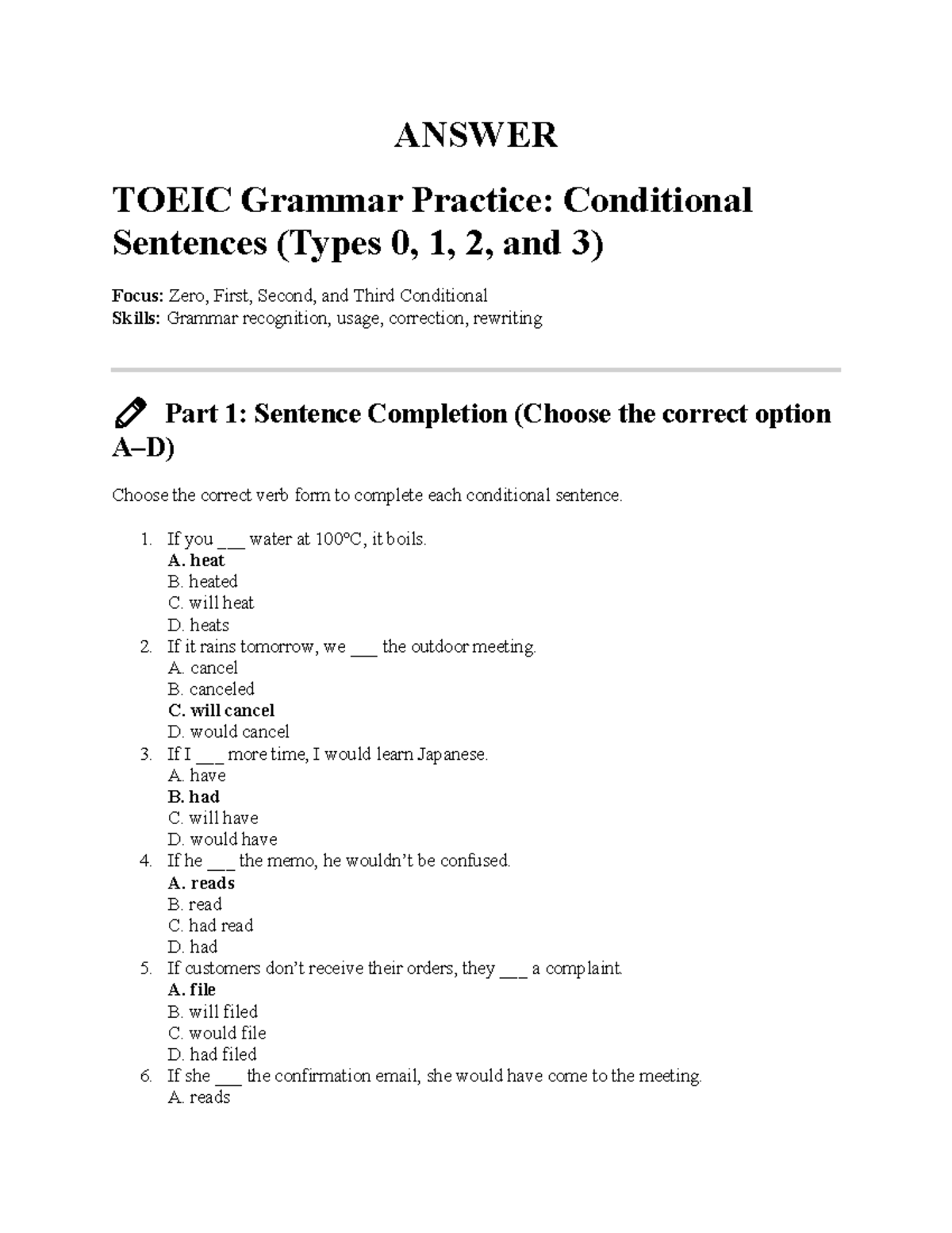 ANSWER TOEIC Grammar Practice: Conditional Sentences Types 0-3 - Studocu
