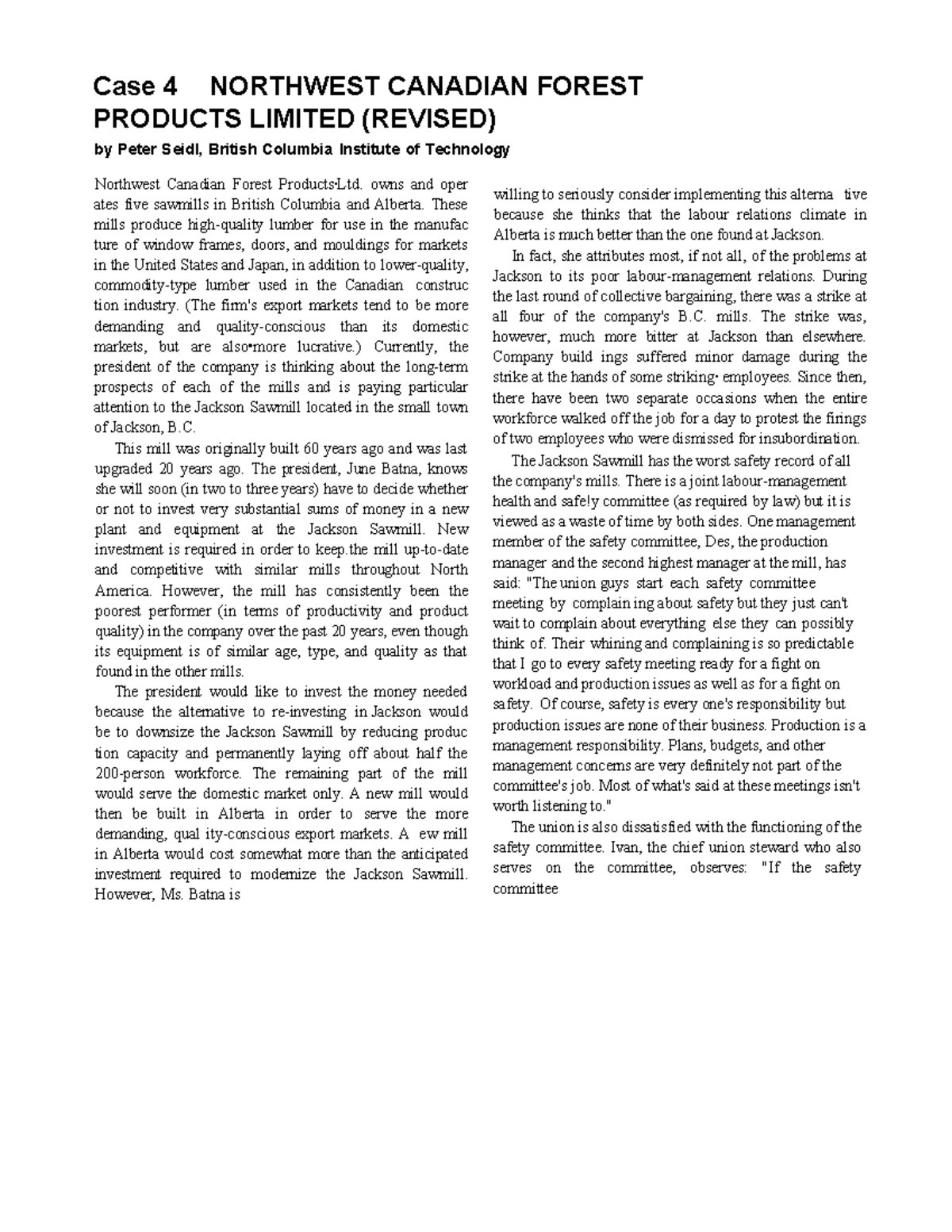 Case Study on Northwest Canadian Forest Products Ltd. Challenges - Studocu