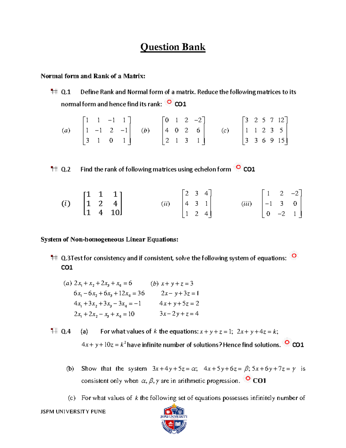 Question Bank on Matrices and Linear Equations (CO) - Studocu