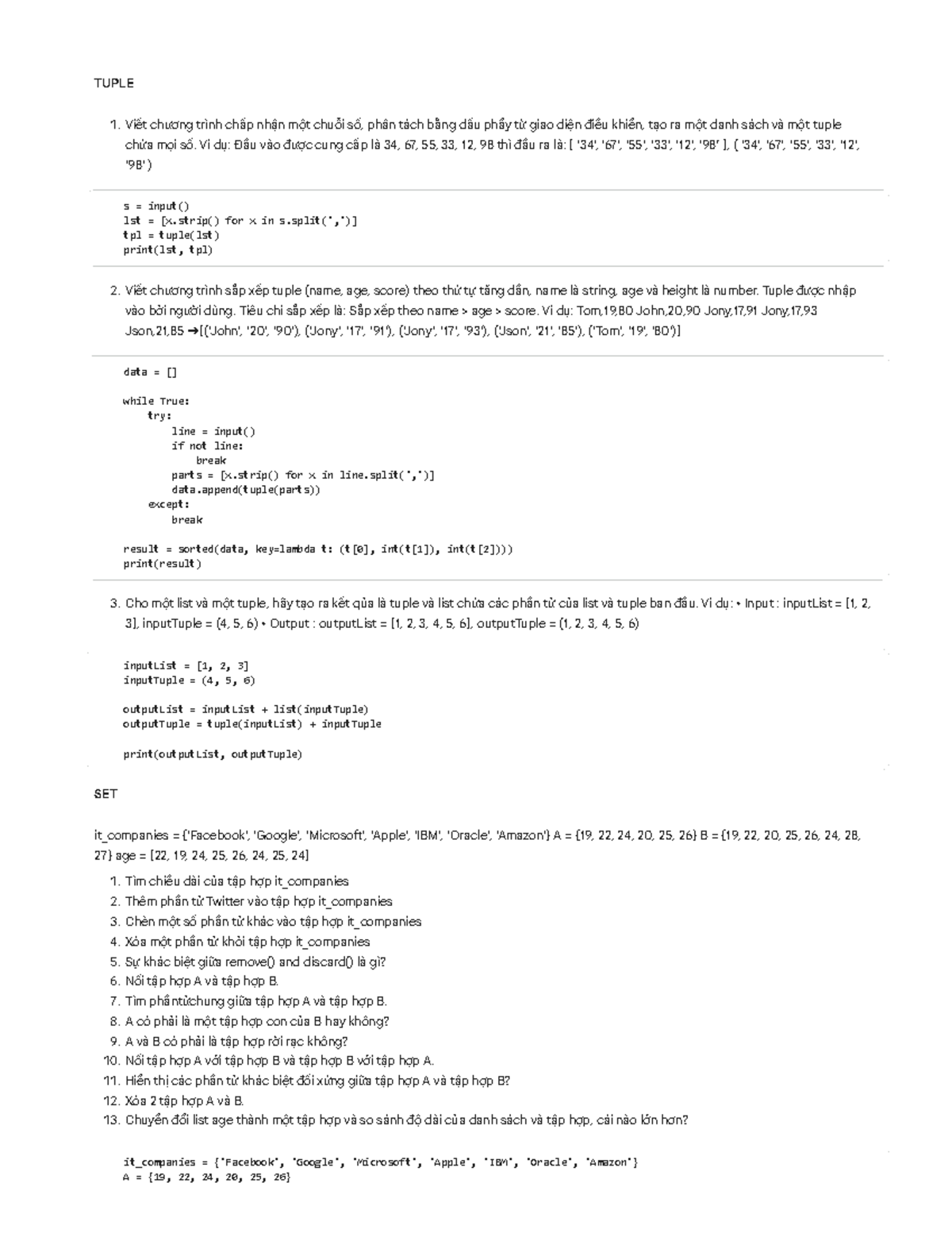 TUPLE-SET-DIC: Chương Trình Xử Lý Tuple, Tập Hợp và Từ Điển - Studocu