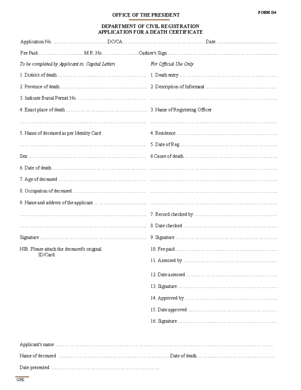 Application for Death Certificate - Form D4 Submission Guide - Studocu