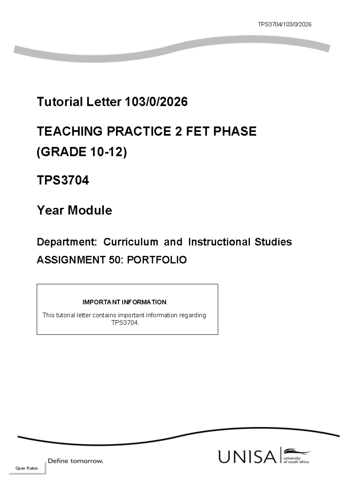 Teaching Practice Portfolio Template for TPS3704: Assignment 50 - Studocu