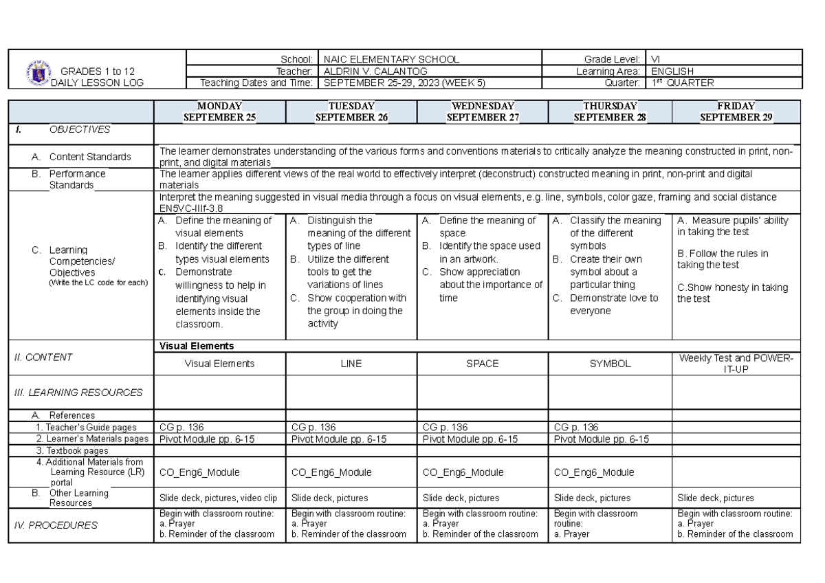 DLL English 6 Q1 W5 - GRADES 1 to 12 DAILY LESSON LOG School: NAIC ...