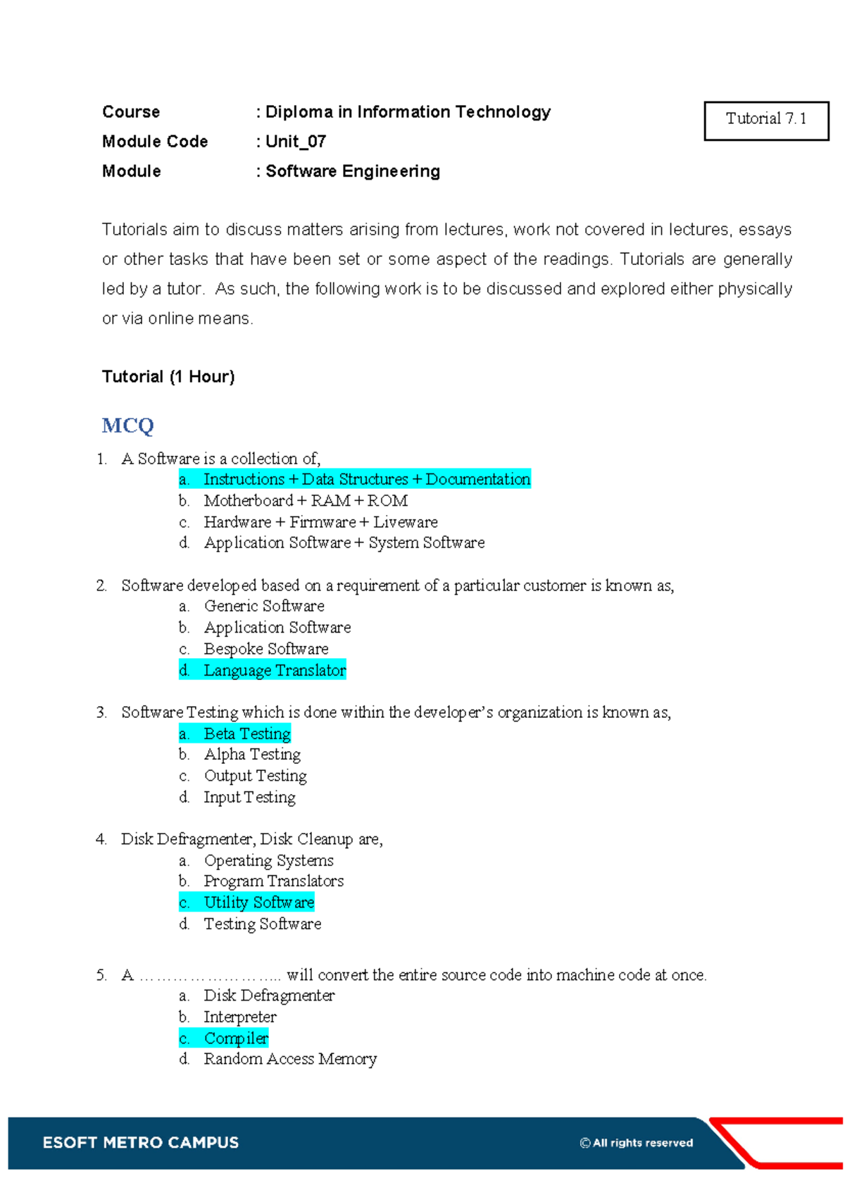 Tutorial 7 - good - Tutorial 7. Course : Diploma in Information ...