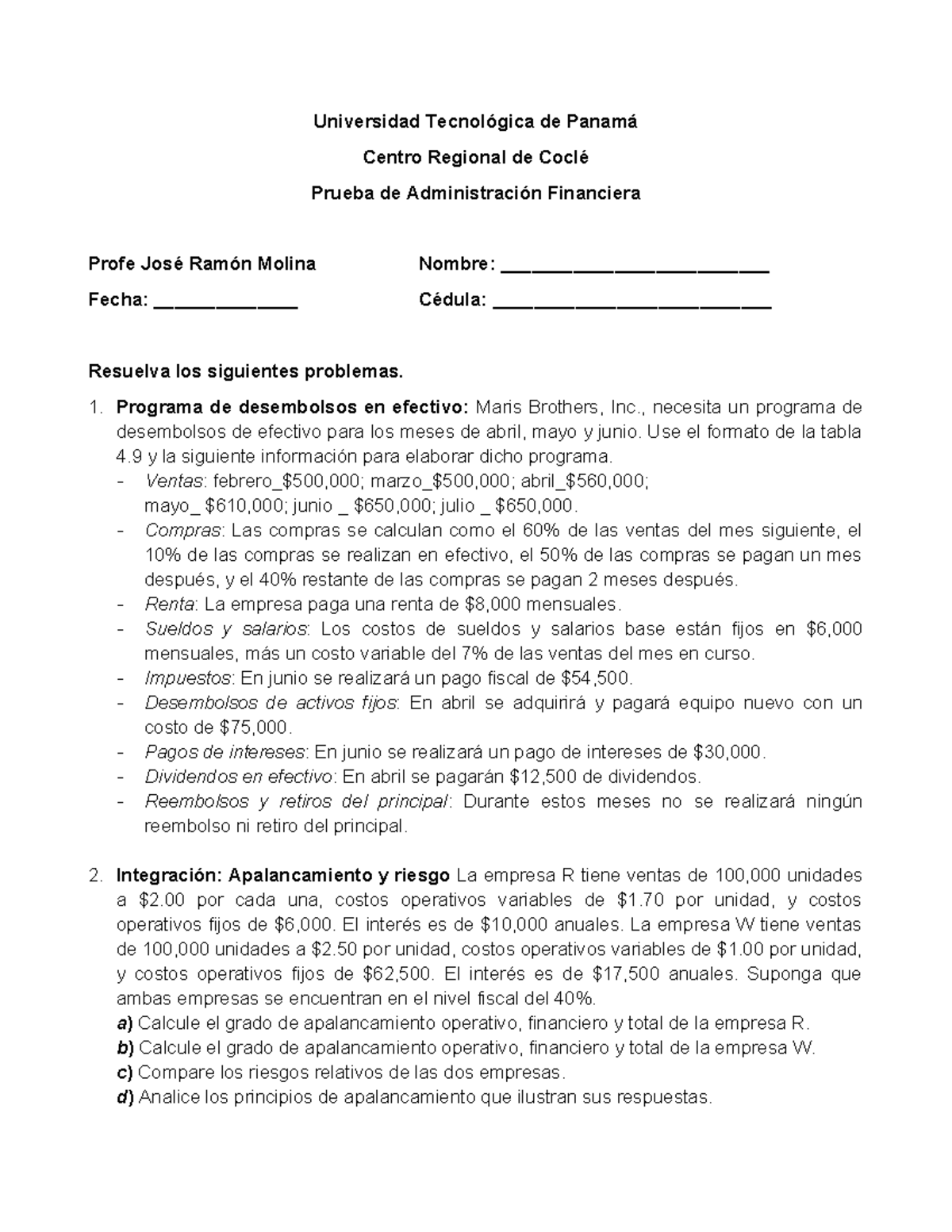Prueba de Administración Financiera 3 Parcial ADM FIN 2023: Ejercicios ...