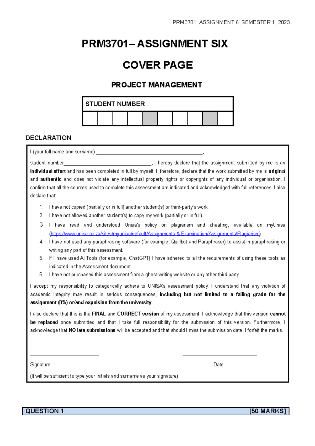 PRM3701 Assessment Sem 2 2023 Assignment Six Template & Guidelines ...