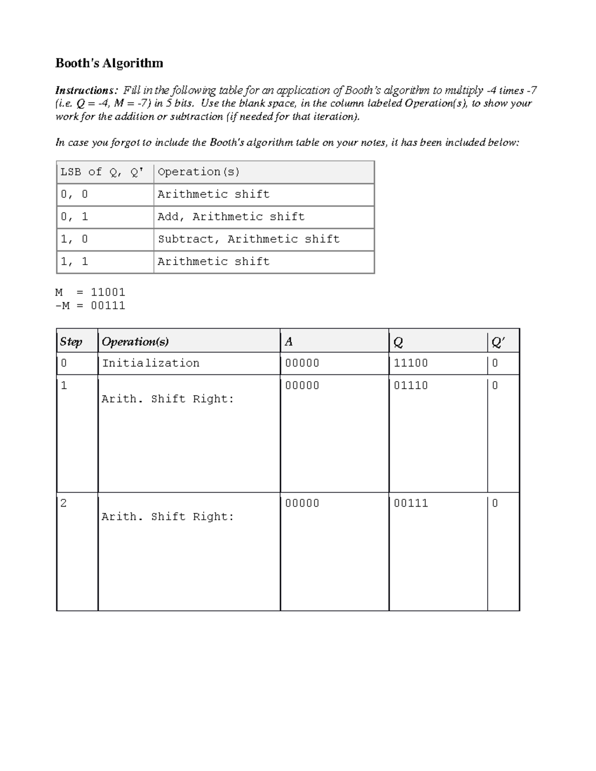 Booths Algorithms Answer Midterm - Booth's Algorithm Instructions: Fill ...