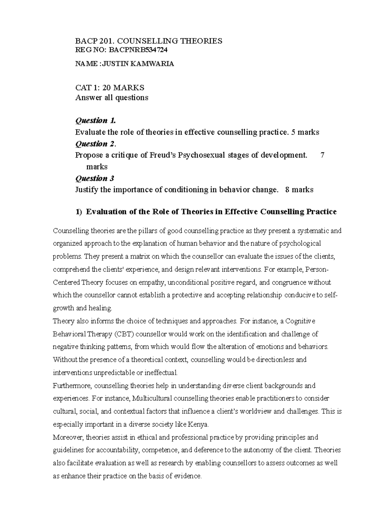 BACP 201. Assignment on Counselling Theories and Behavior Change - Studocu