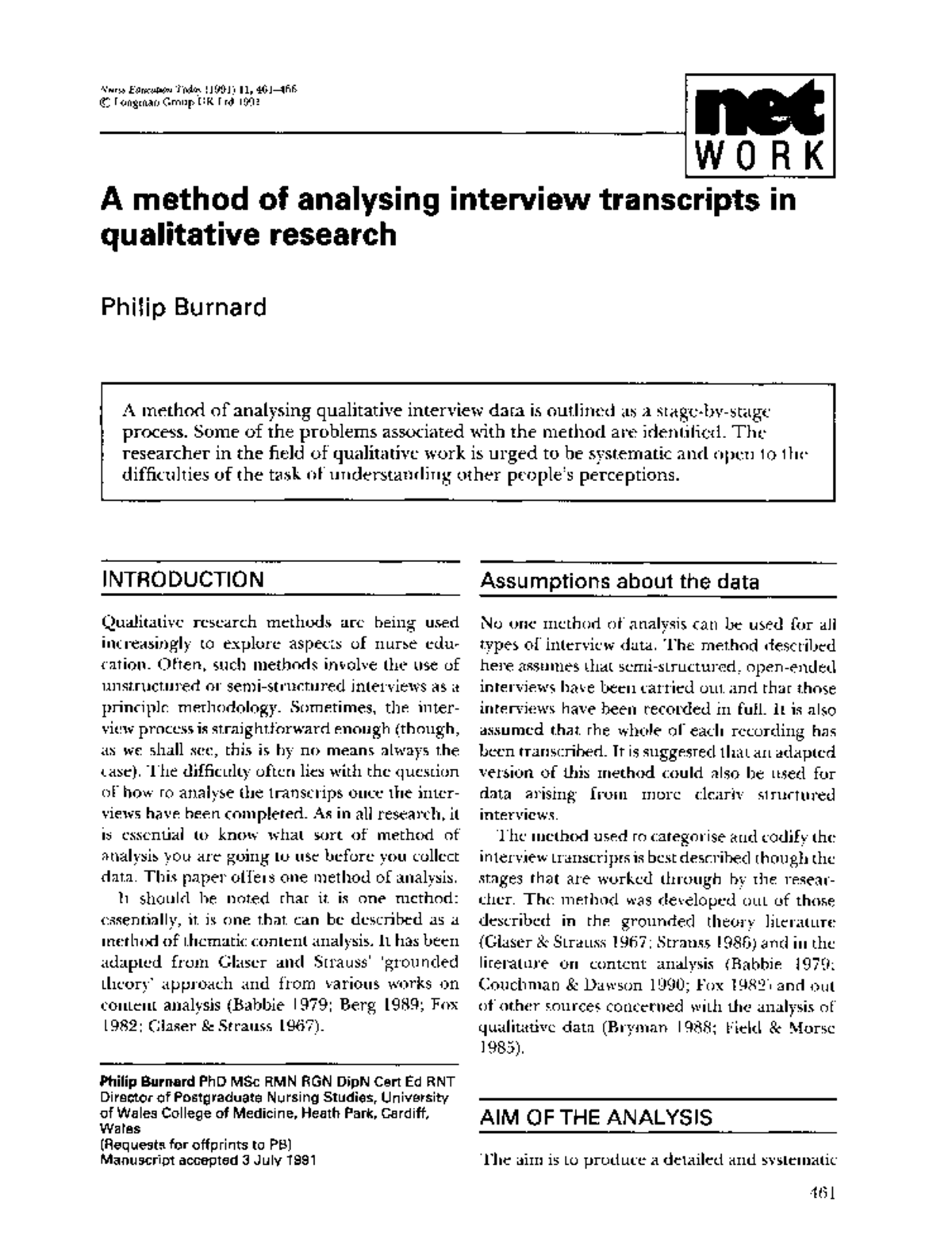 NUR 1991: Analyzing Interview Transcripts in Qualitative Research - Studocu