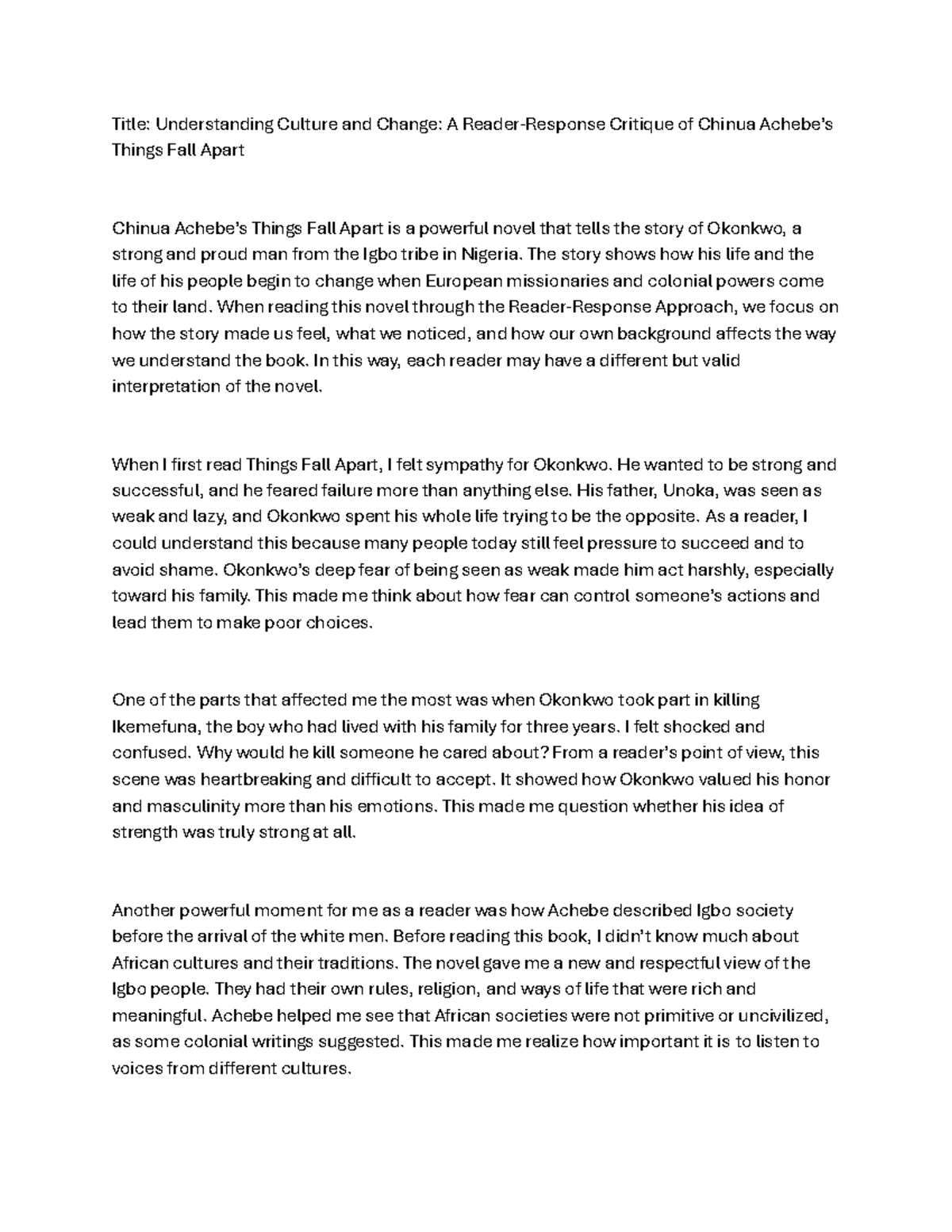 Title: ENG 201 - Understanding Culture & Change in Things Fall Apart ...