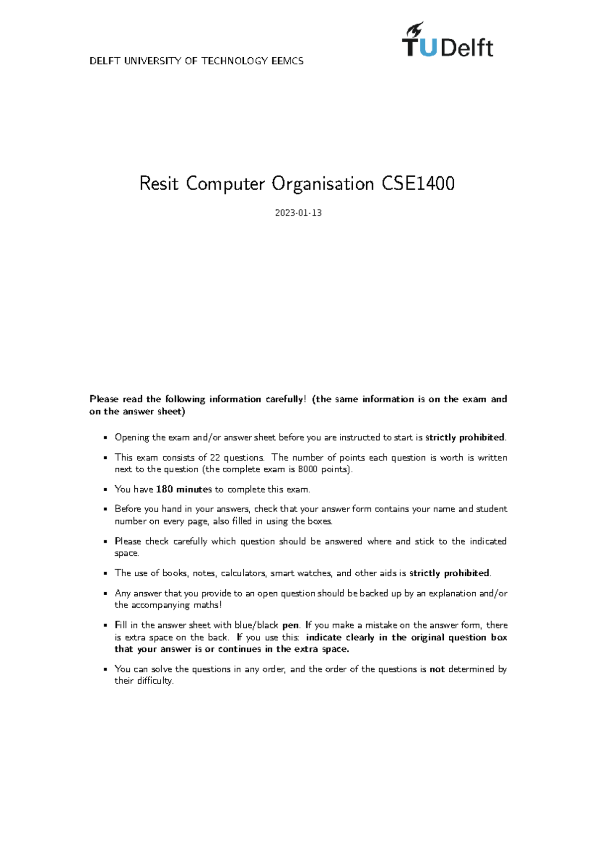 Resit Exam CSE 22-23: Computer Organisation Guidelines and Questions ...
