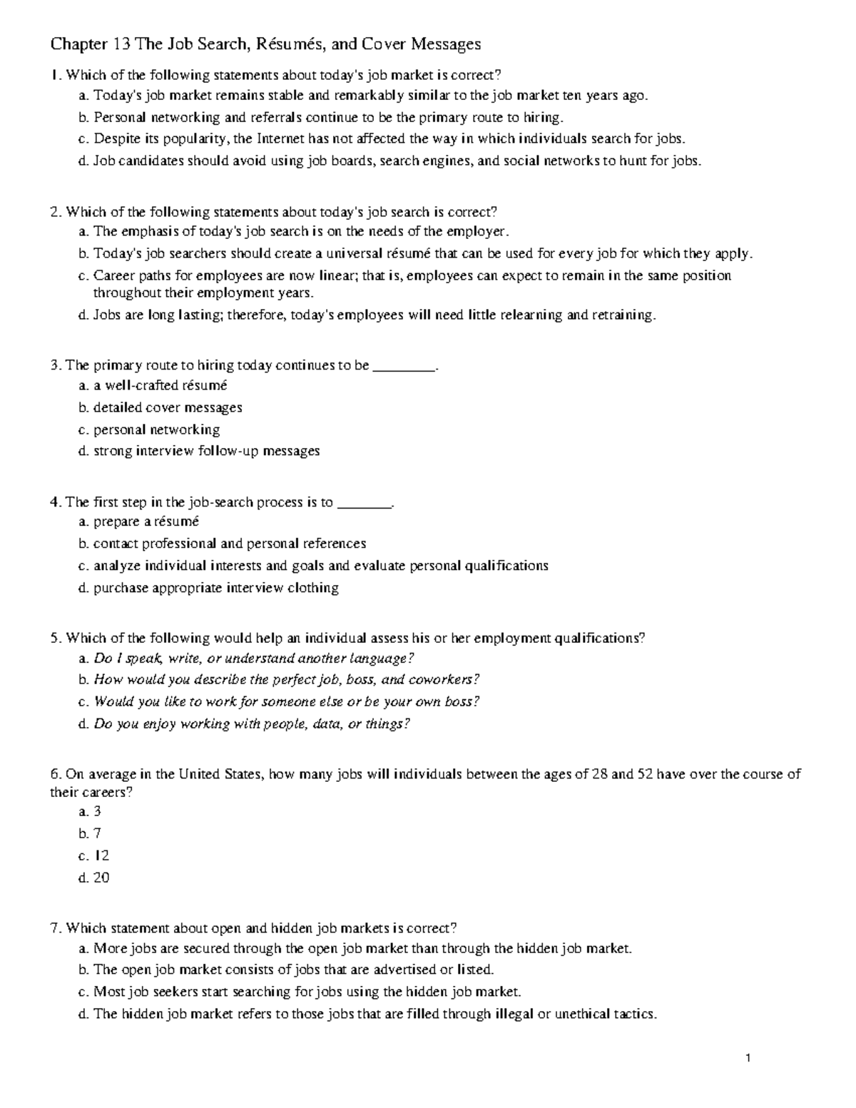 Chapter 13 practice - kikikihychc - Chapter 13 The Job Search, Résumés ...