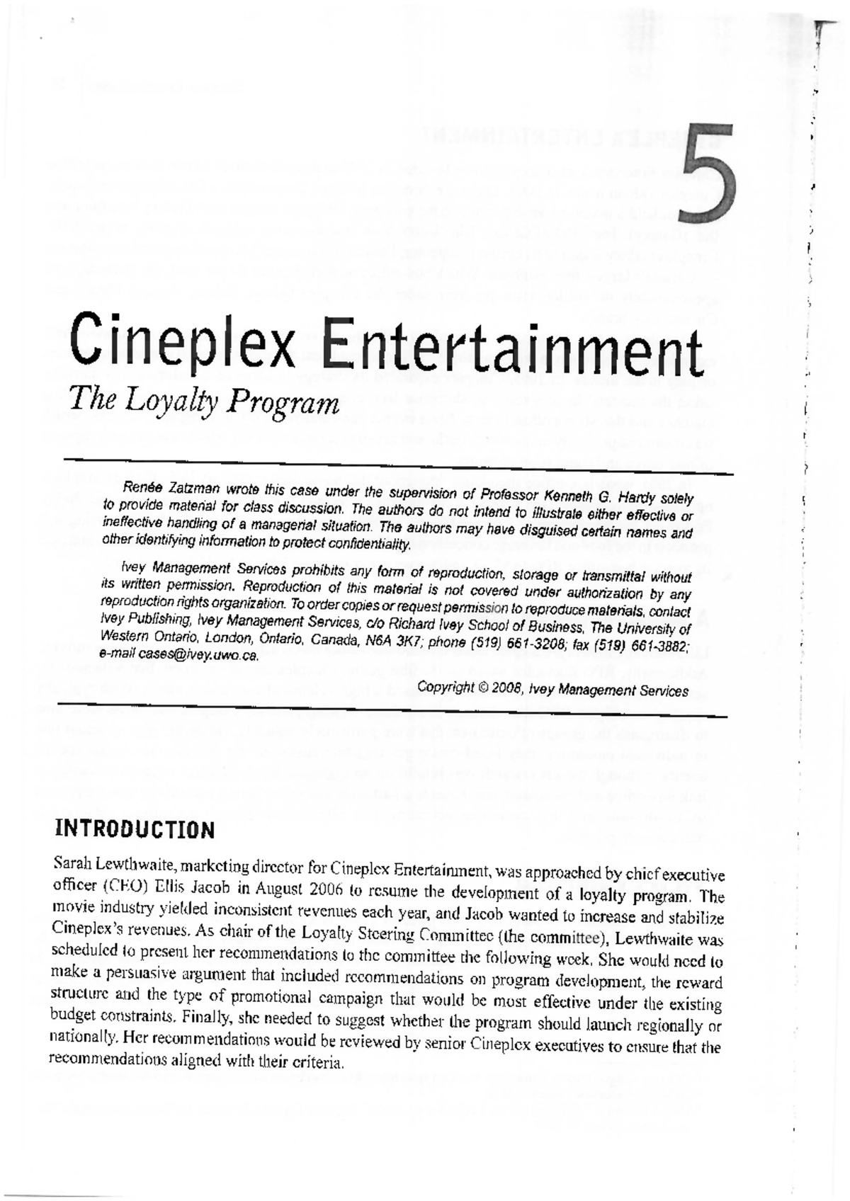 Cineplex Entertainment Case Study: Developing a Loyalty Program - Studocu