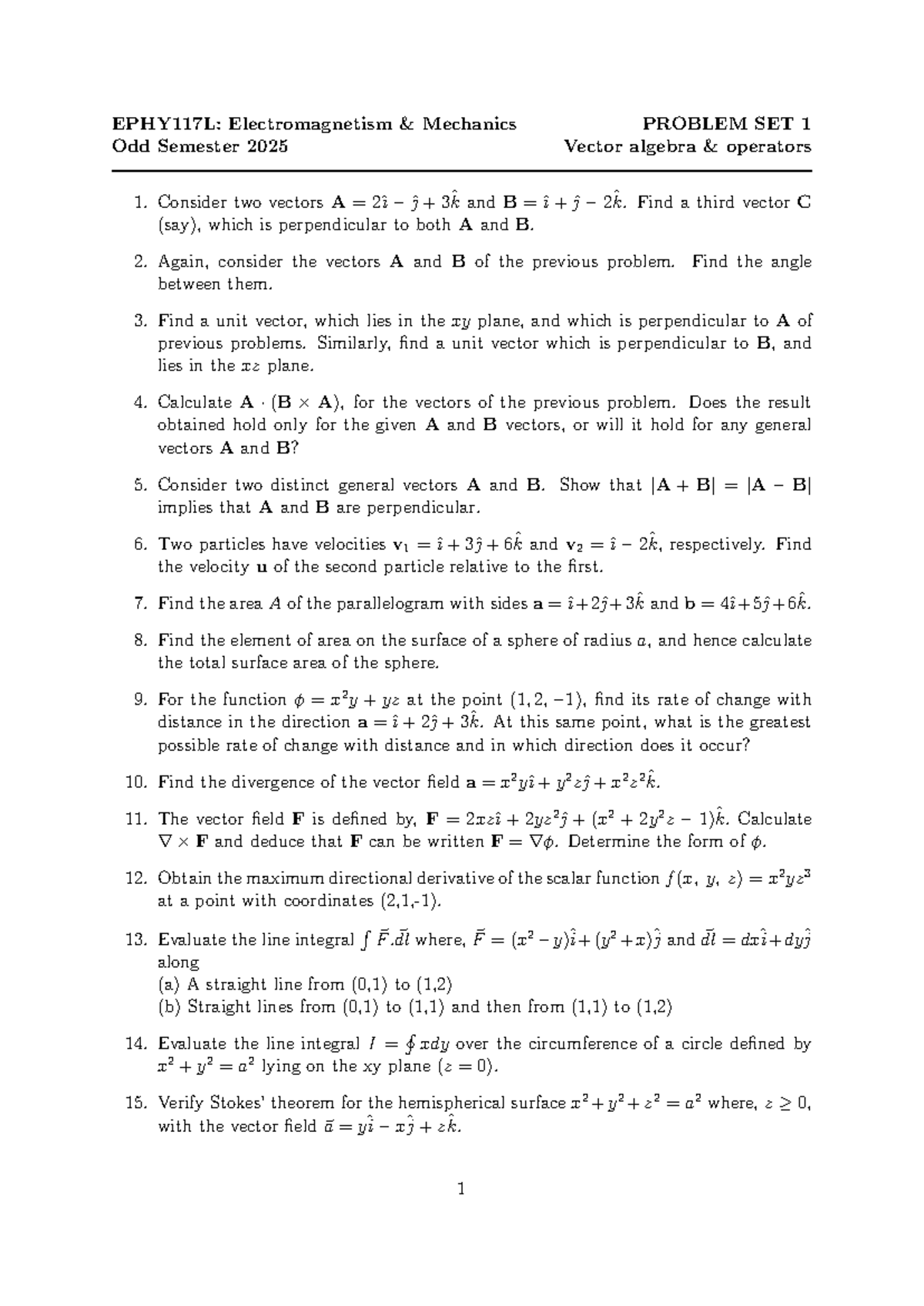 EPHY117L: Electromagnetism Mechanics Problem Set 1 - Vector Algebra ...