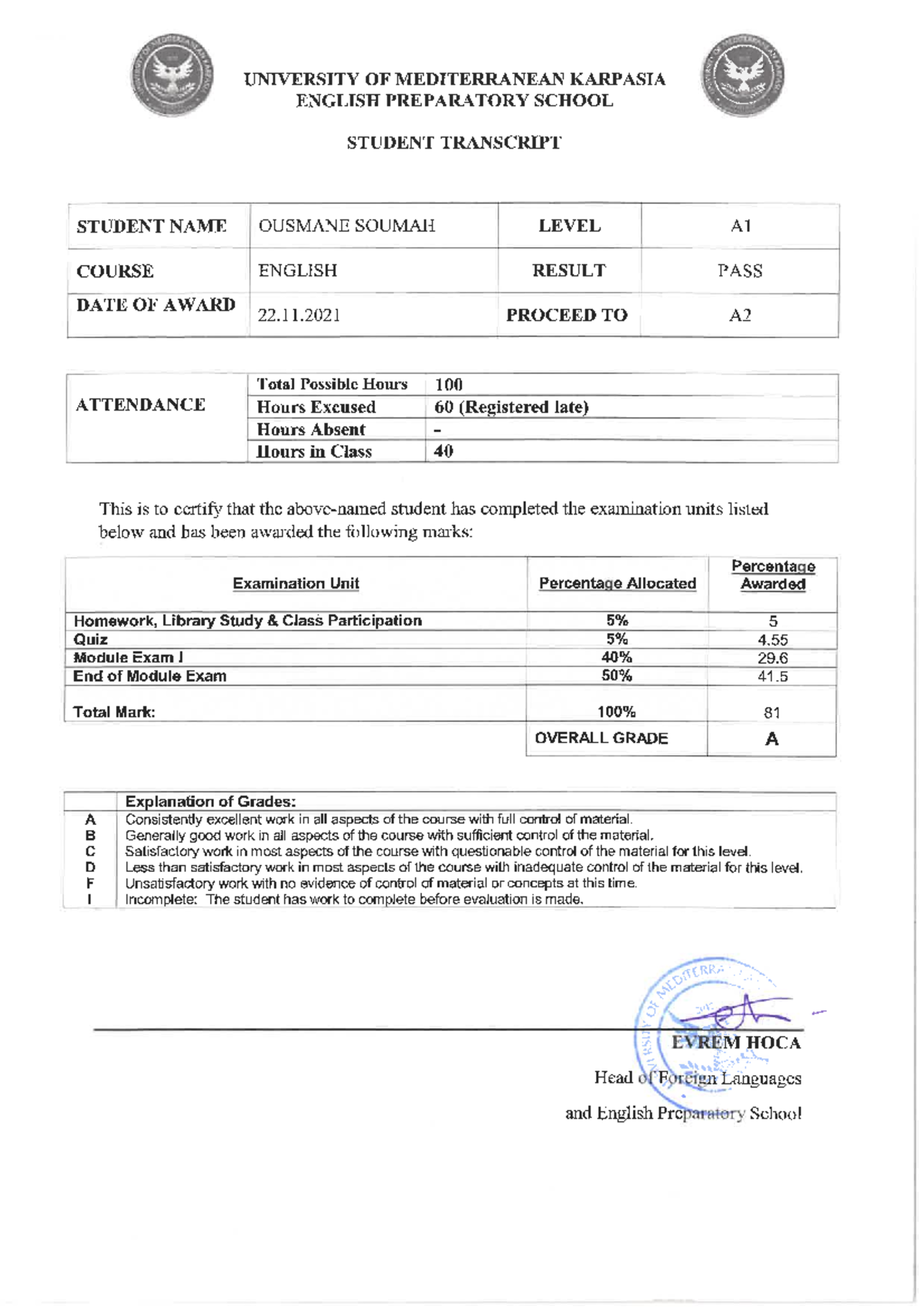 SKM 75824090911490 - A1 English Course Student Transcript Summary - Studocu
