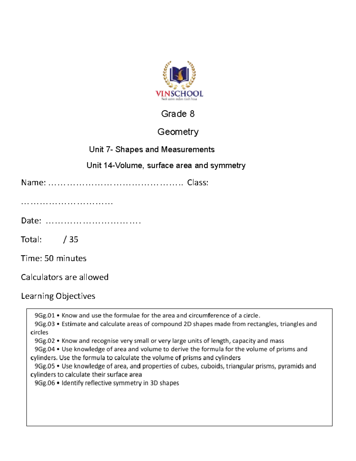 Grade 8 Geometry Unit 7 & 14: Shapes, Measurements & Symmetry - Studocu