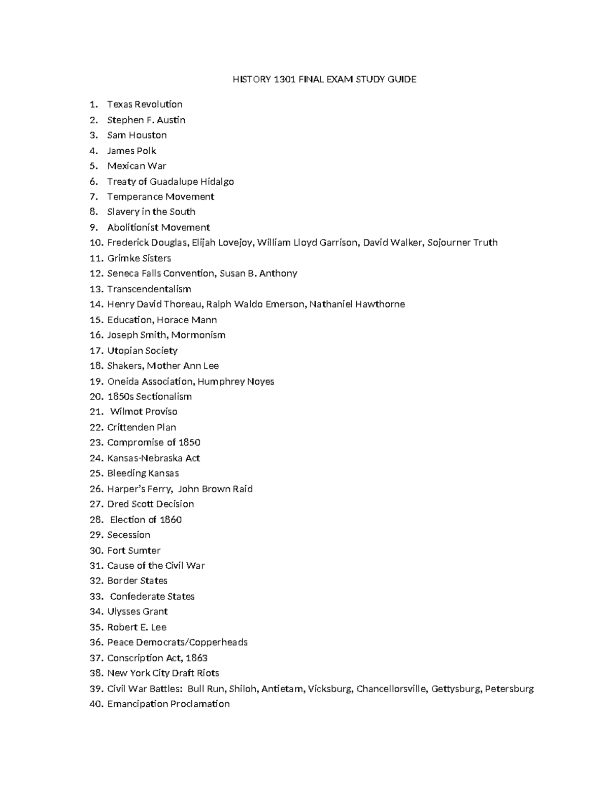 History 1301 Final Exam Study Guide: Key Topics and Events - Studocu