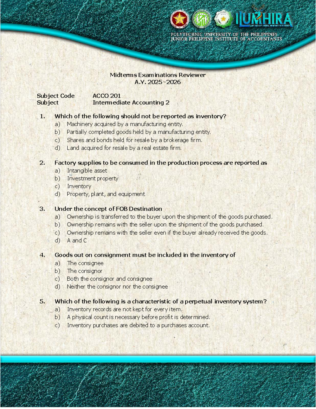 Midterm Exam Reviewer A.Y. 2025 - ACCO Intermediate Accounting 1 - Studocu
