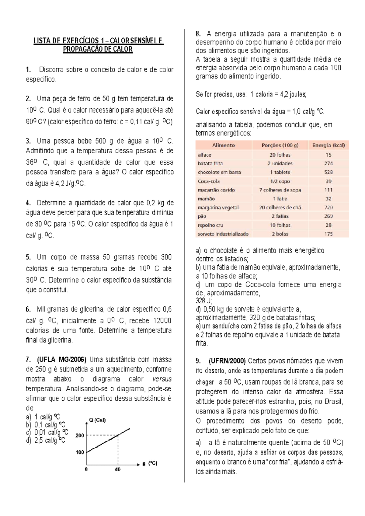Lista 1 - Calor Sensível e Propagação de Calor - Exercícios - Studocu