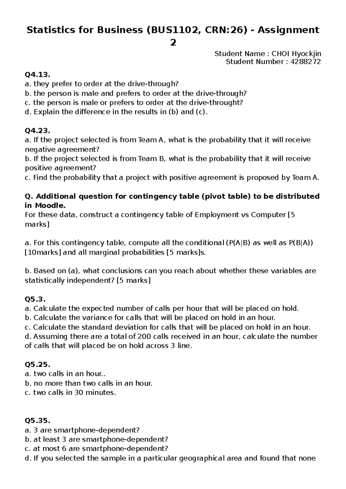 BUS1102 Statistics for Business - Assignment 2 by Hyockjin CHOI - Studocu